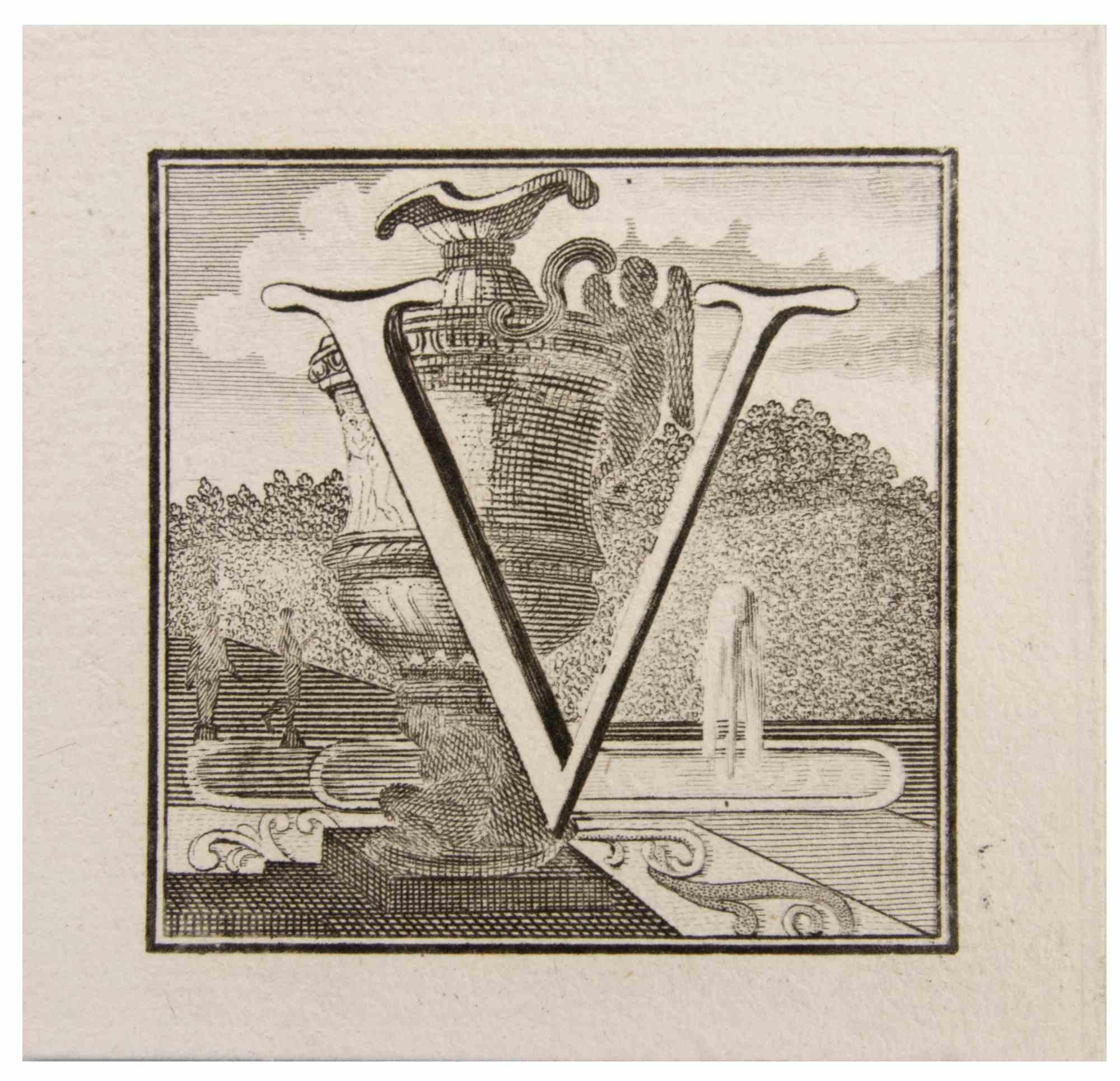 Antigüedades de Herculano - Letra del alfabeto V, de la serie "Antigüedades de Herculano", es un aguafuerte sobre papel realizado por Giovanni Mignani en el siglo XVIII.

Buenas condiciones, salvo algunos borrones debidos al tiempo.

El grabado