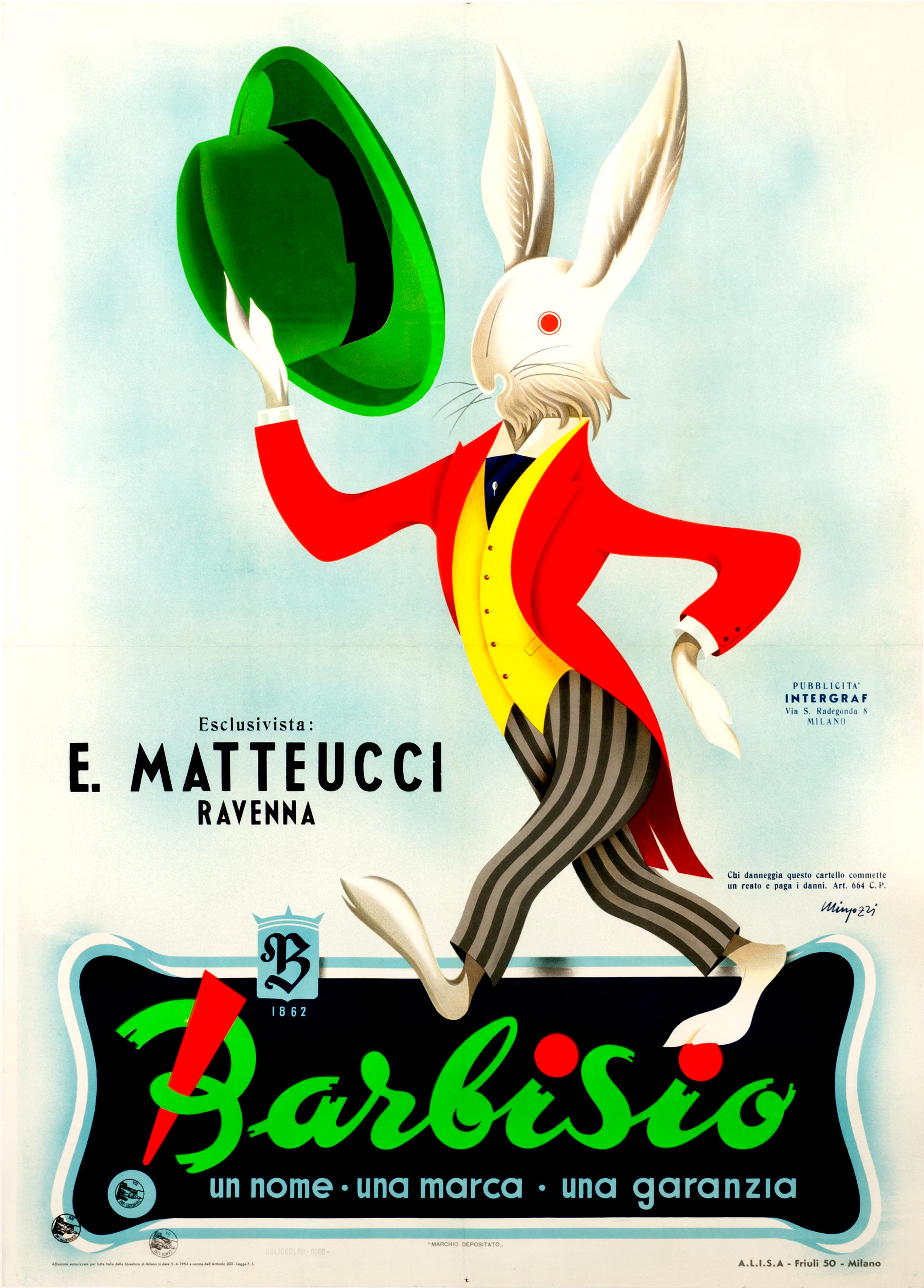 Giovanni Mingozzi Figurative Print - "Barbisio" 1950s Mid Century Italian Rabbit Fashion Hat Original Vintage Poster