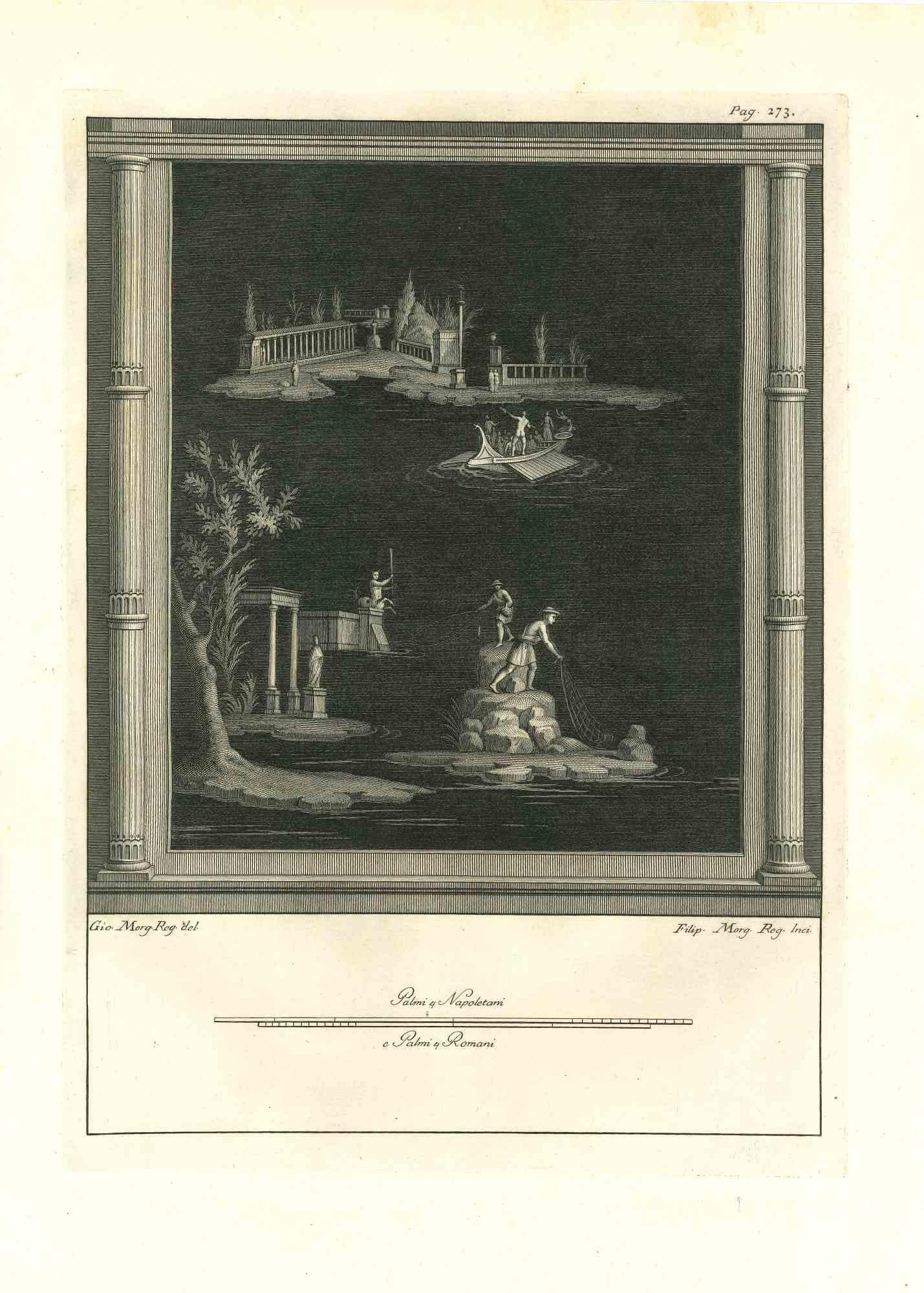Antikes römisches Fresko aus der Serie "Antiquitäten von Herculaneum", ist eine Originalradierung auf Papier von Giovanni Morghen aus dem 18.

Signiert auf der Platte.

Guter Zustand bis auf einige kleine Flecken.

Die Radierung gehört zu der