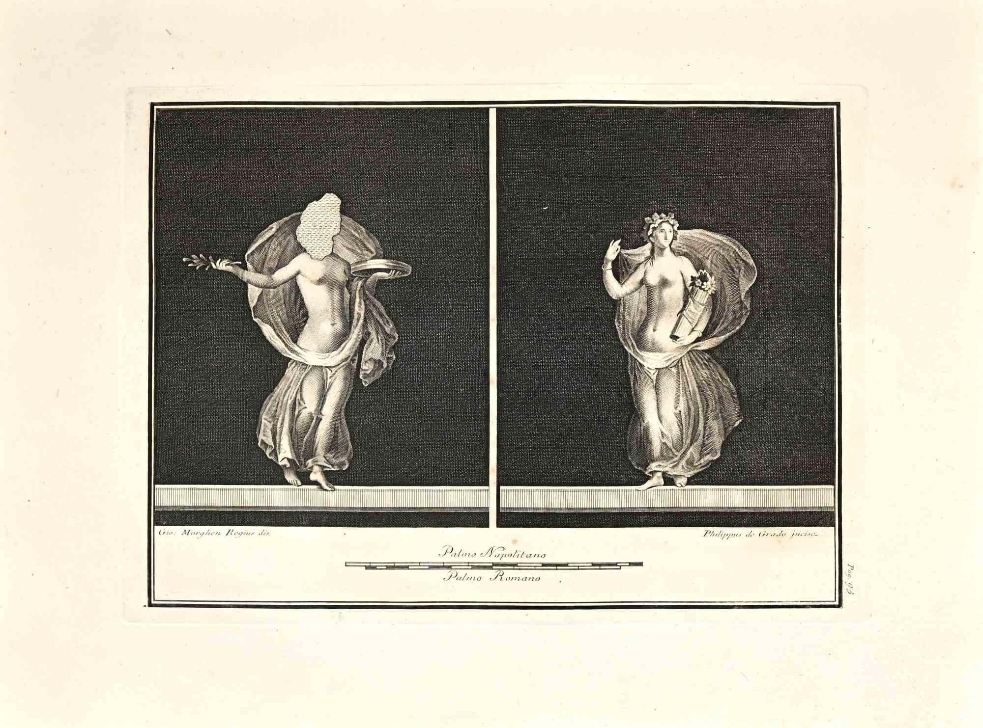 Antiche Freschezze Romane dalla serie "Antichità di Ercolano", è un'acquaforte su carta realizzata da Giovanni Morghen nel XVIII secolo.
 
Firmato sul piatto.
 
Buone condizioni con alcuni segni di foxing e piegature.
 
L'incisione appartiene alla