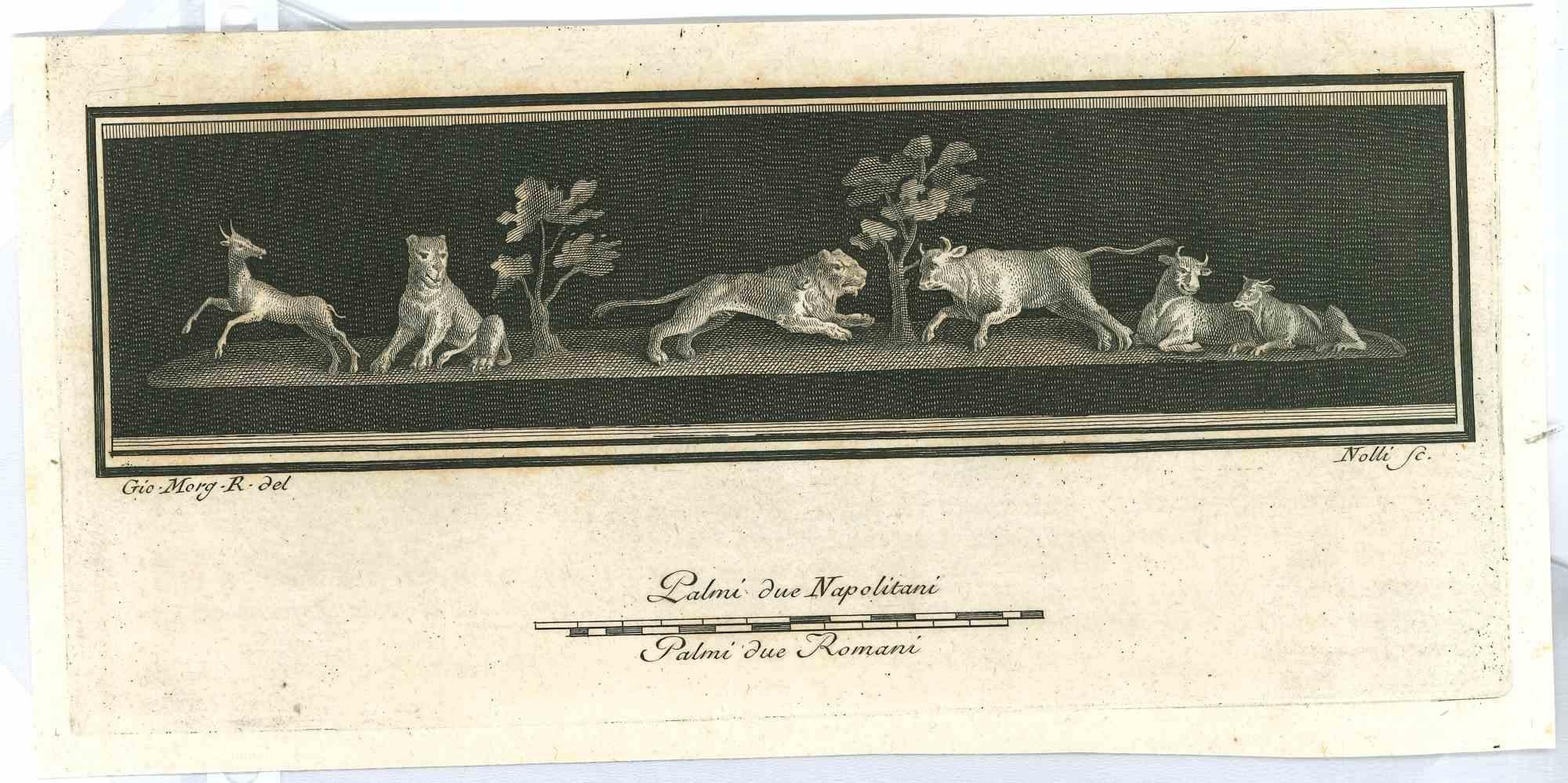 Ancient Roman Frescoes from the series "Antiquities of Herculaneum", is an original etching on paper realized by Giovanni Morghen in the 18th century.

Signed on the plate.

Good conditions except for some minor stains.

The etching belongs to the