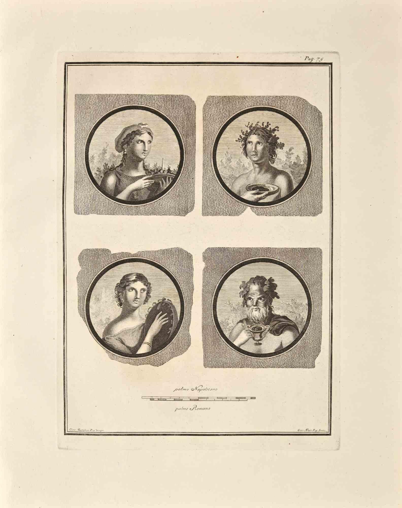 Portraits romains antiques de la série "Antiquités d'Herculanum", est une gravure sur papier réalisée par Giovanni Morghen au 18ème siècle.
 
Signé sur la plaque.
 
Bon état avec quelques rousseurs et pliages.
 
La gravure appartient à la suite