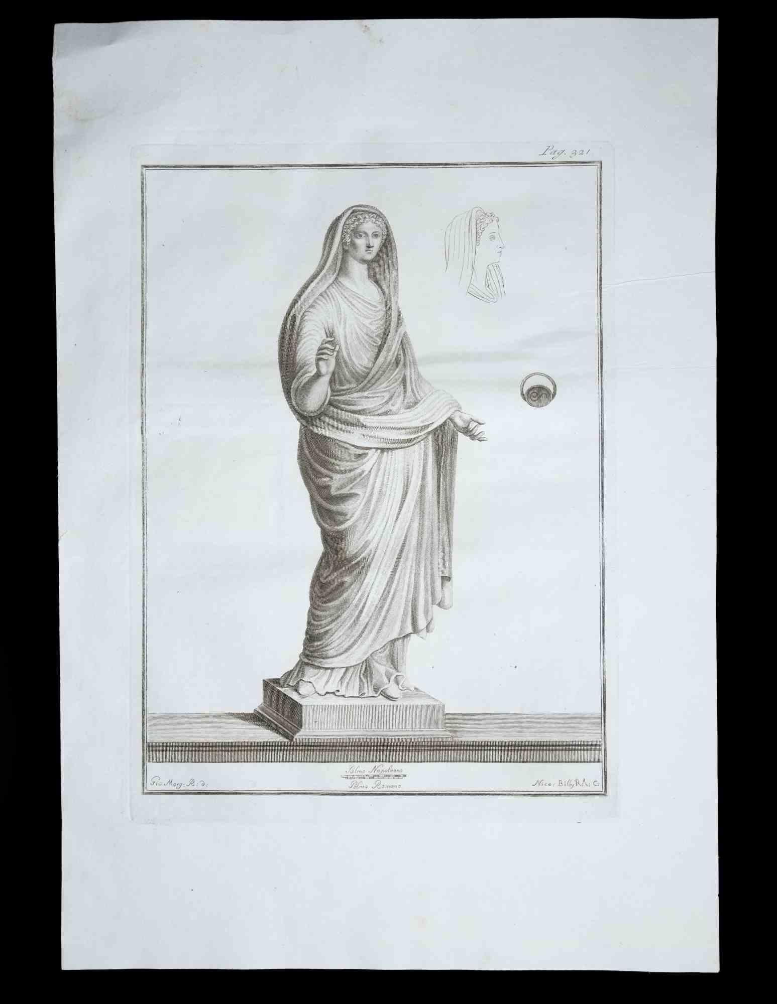Statue romaine antique, de la série "Antiquités d'Herculanum", est une gravure originale sur papier réalisée par Giovanni Morghen au XVIIIe siècle.

Signé sur la plaque en bas à gauche.

Bon état avec de légères rousseurs.

La gravure appartient à