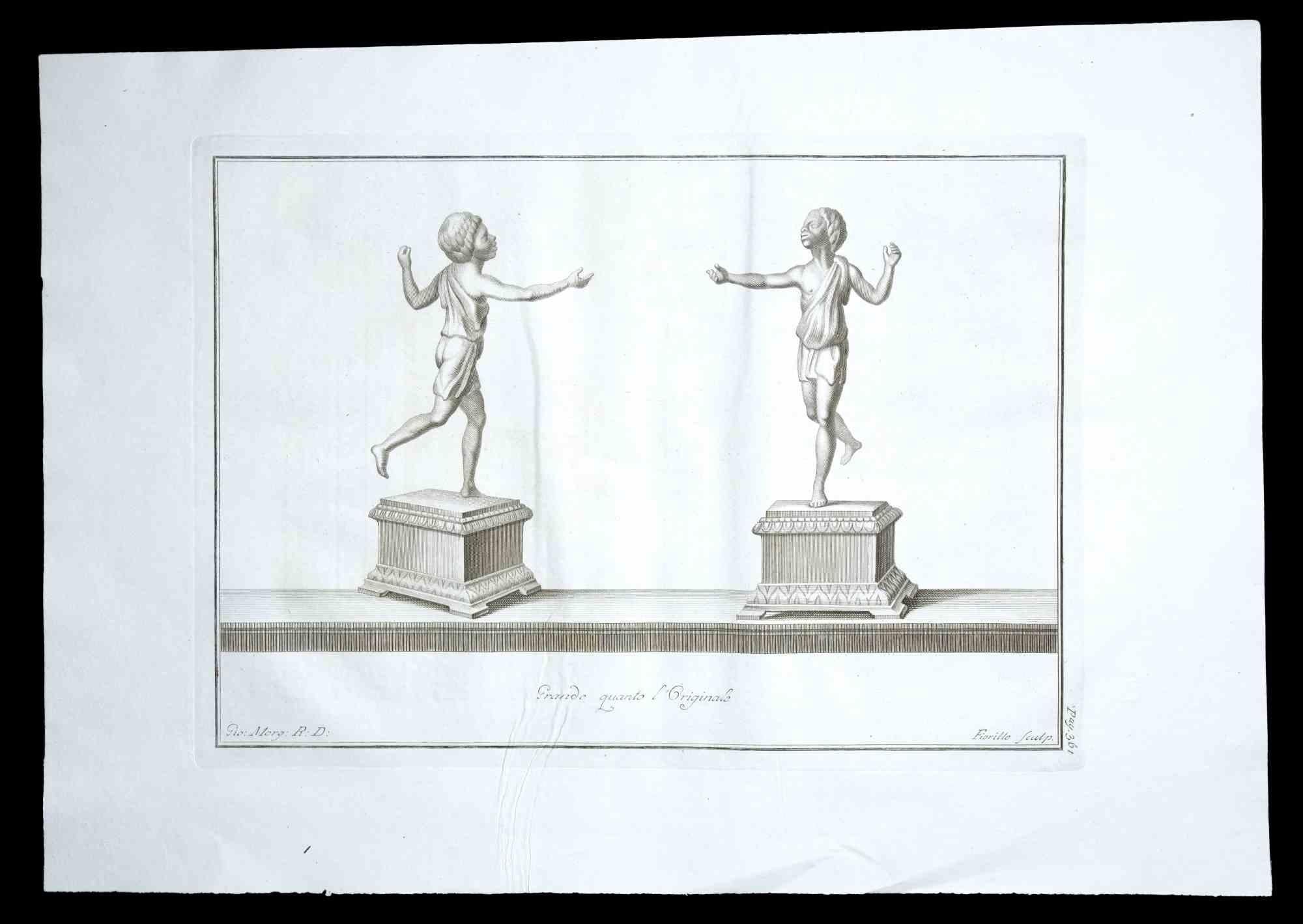 Ancient Roman Statues, from the series "Antiquities of Herculaneum", is an original etching on paper realized by Giovanni Morghen in the 18th century.

Signed on the plate.

Good conditions with slight folding.

The etching belongs to the print