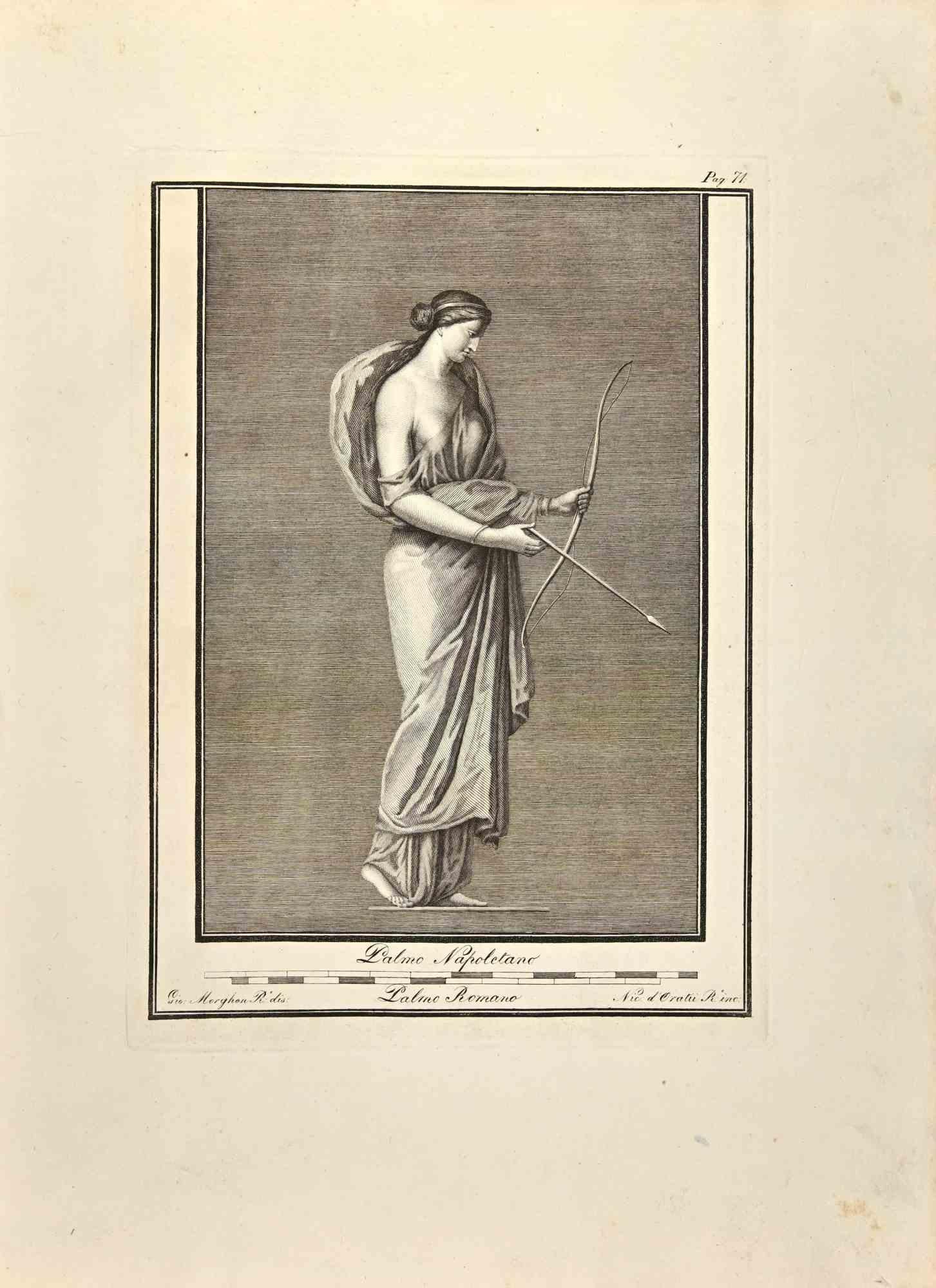 Artemis Goddess from "Antiquities of Herculaneum" is an etching on paper realized by Giovanni Morghen in the 18th Century.

Signed on the plate.

Good conditions with some folding.

The etching belongs to the print suite “Antiquities of Herculaneum