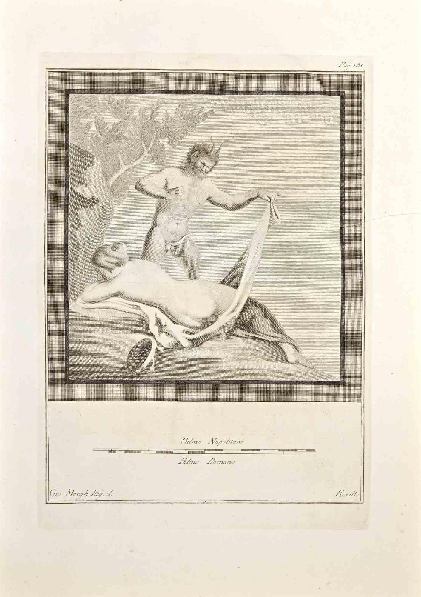 Pan und Frauenakt aus den "Altertümern von Herculaneum" ist eine Radierung auf Papier von Giovanni Morghen aus dem 18. Jahrhundert.

Signiert auf der Platte.

Guter Zustand mit einigen Faltungen.

Die Radierung gehört zu der Druckserie "Antiquities