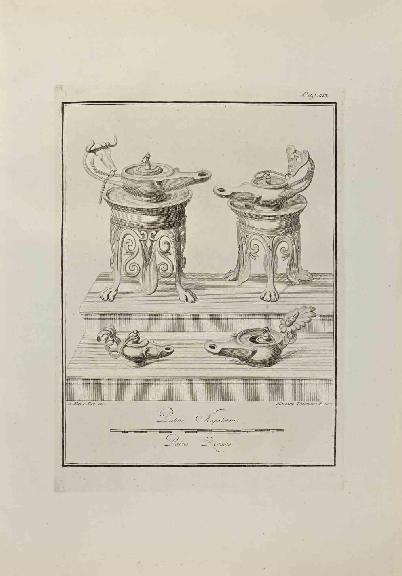 Still Life from "Antiquities of Herculaneum" is an etching on paper realized by Giovanni Morghen in the 18th Century.

Signed on the plate.

Good conditions.

The etching belongs to the print suite “Antiquities of Herculaneum Exposed” (original