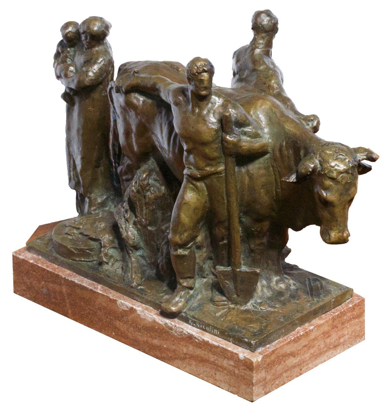 Figurative Sculpture di Giovanni Nicolini - Gruppo di bronzo che celebra la Nobile Cavalleria con Mucca e Contadini