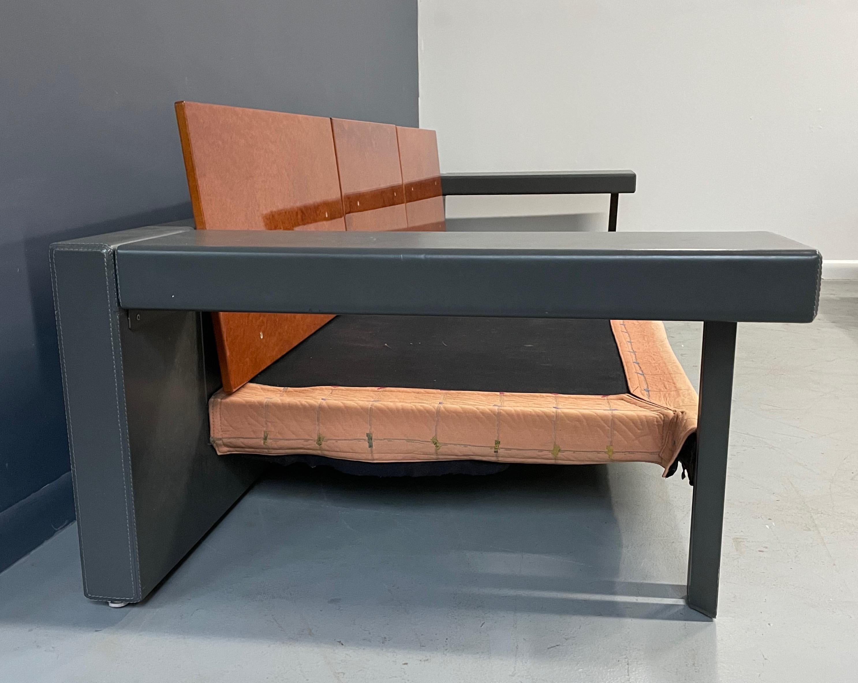 Giovanni Offredi for Saporiti Postmodern Burl, Leather & Steel Sofa  In Good Condition For Sale In Philadelphia, PA