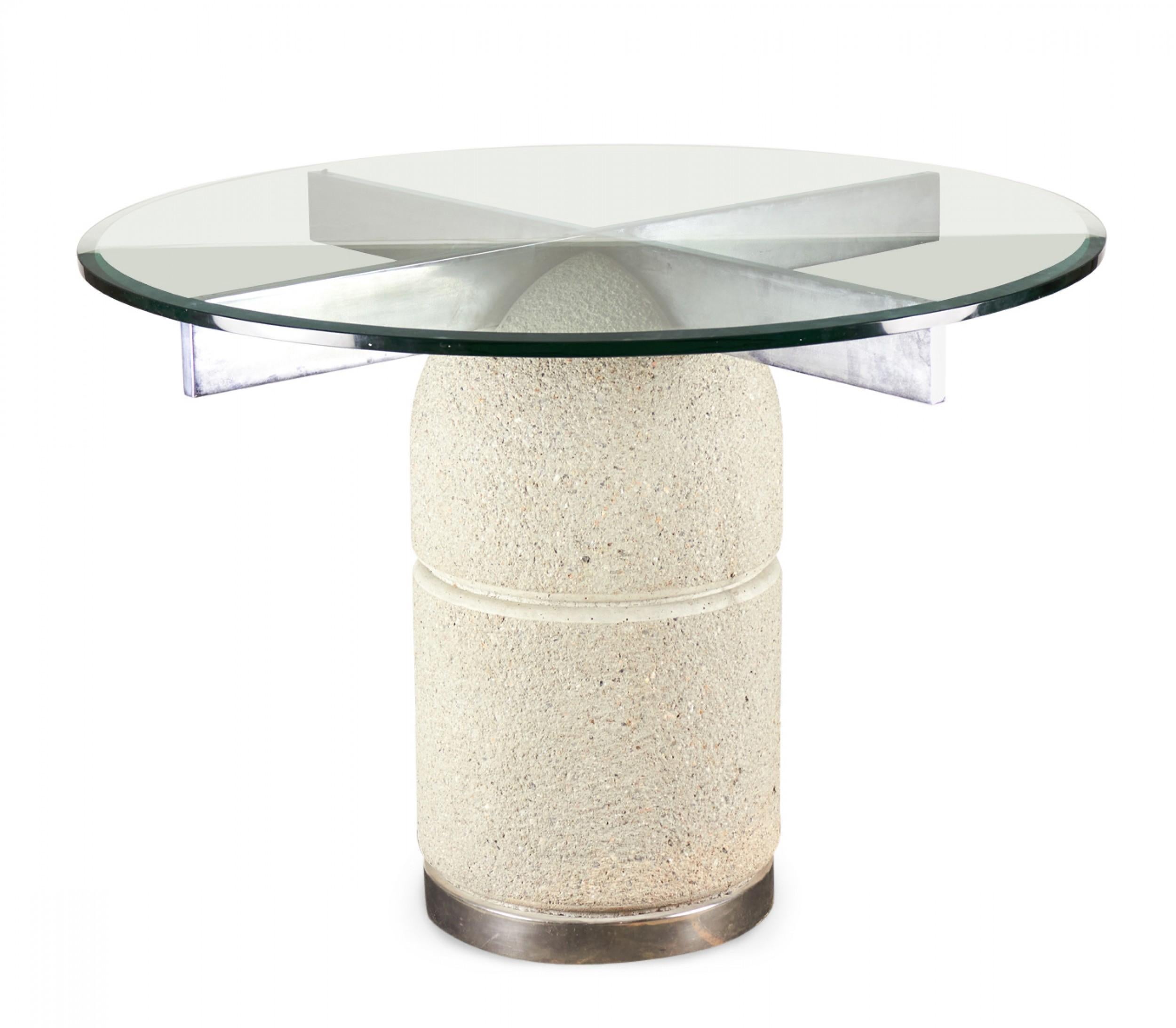 Italian Mid-Century (circa 1979) 'Paracarro' circular dining table with a textured concrete plinth base with an inset polished chrome support beneath a circular clear plate glass top. (GIOVANNI OFFREDI FOR SAPORITI)