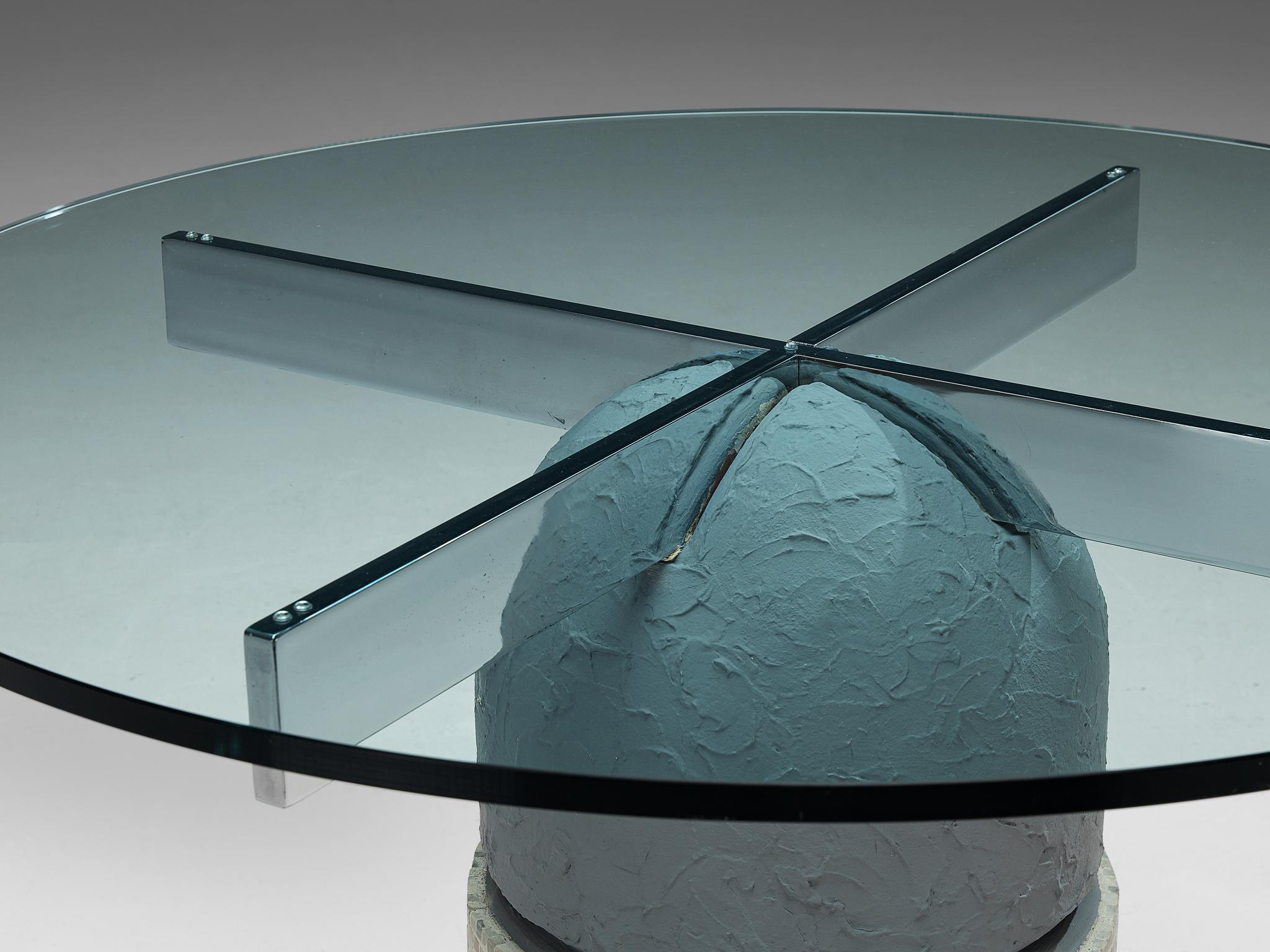 Giovanni Offredi für Saporiti 'Paracarro' Esstisch aus Glas und Mosaik  (Stahl) im Angebot