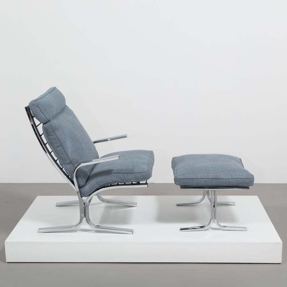 Sensational aluminium framed chair and ottoman from a design by Italian Giovanni Offredi Onda circa 1970s. 
Comfortable and elegant in every way.