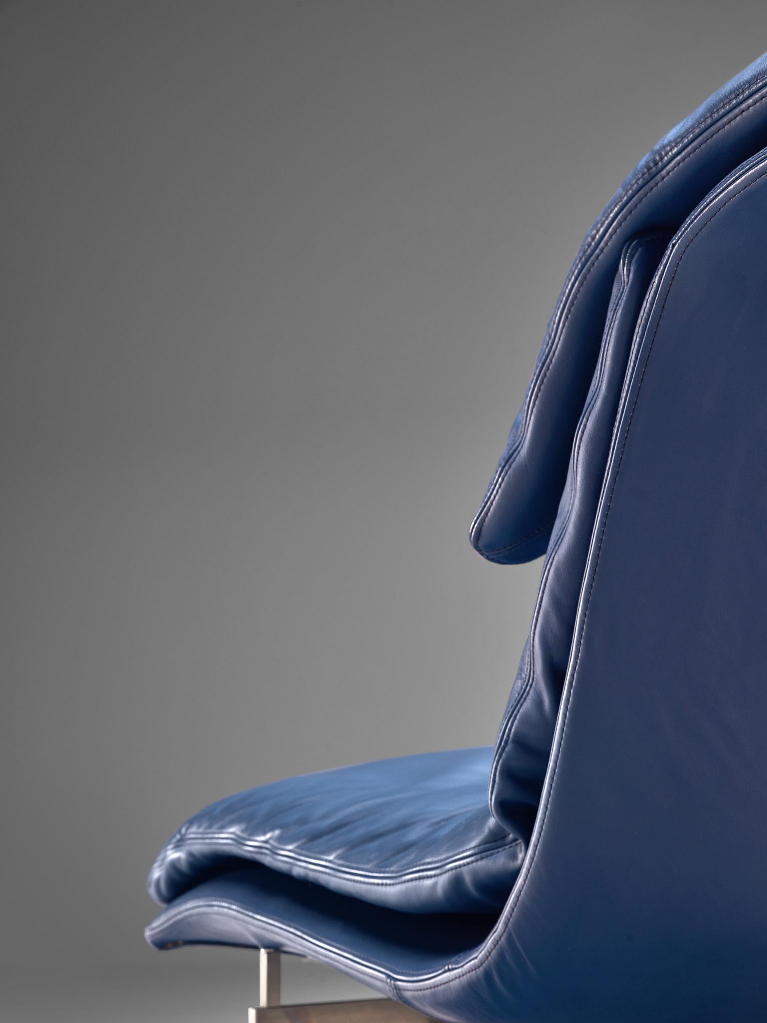 Italian Giovanni Offredi 'Wave' Lounge Chair in Night Blue Leather