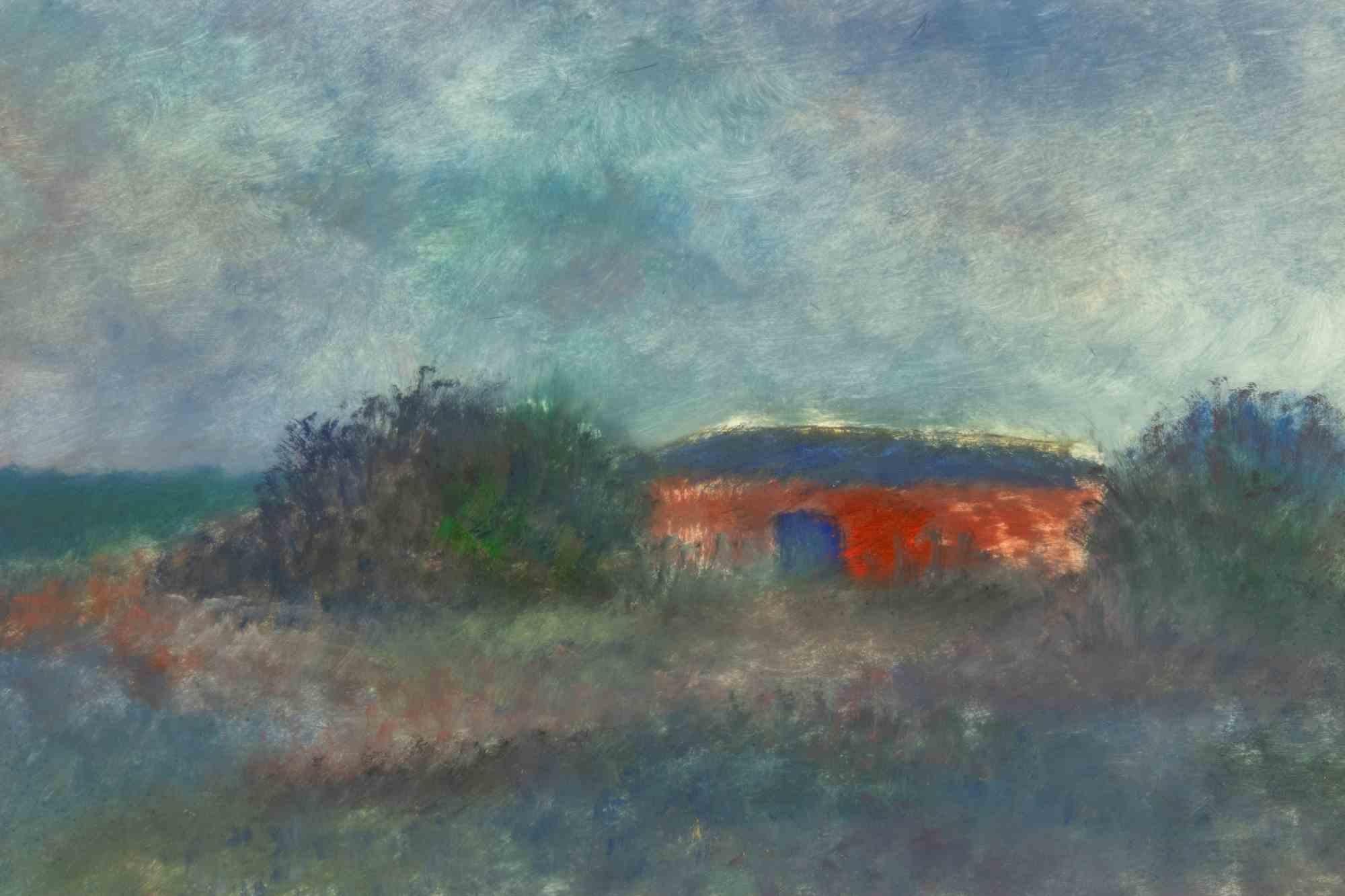 Paesaggio con casa rossa - Pittura a olio di Giovanni Omiccioli - Metà del XX secolo in vendita 3