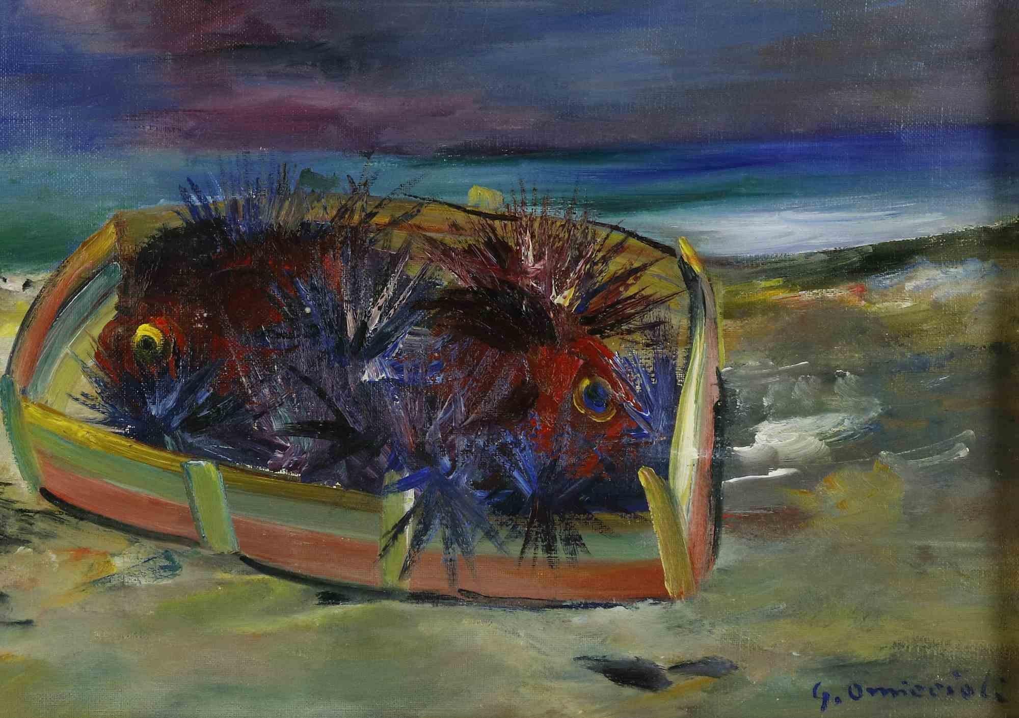 Sea Urchins - Oil Painting by Giovanni Omiccioli - Mid-20th Century For Sale 1