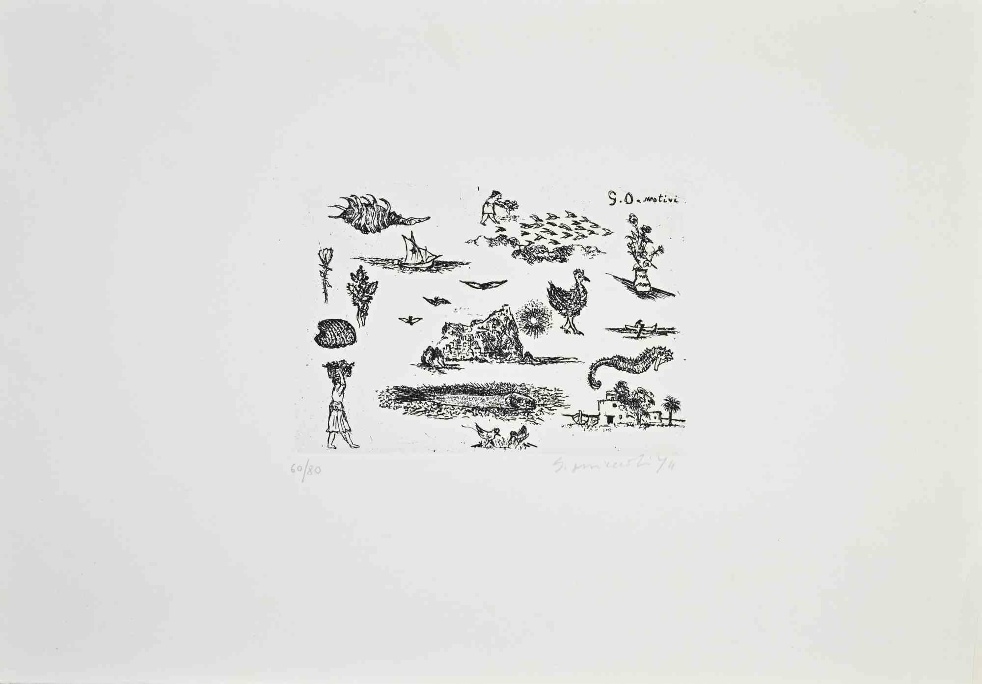 Composition of Elements - Etching by Giovanni Omiccioli - 1974
