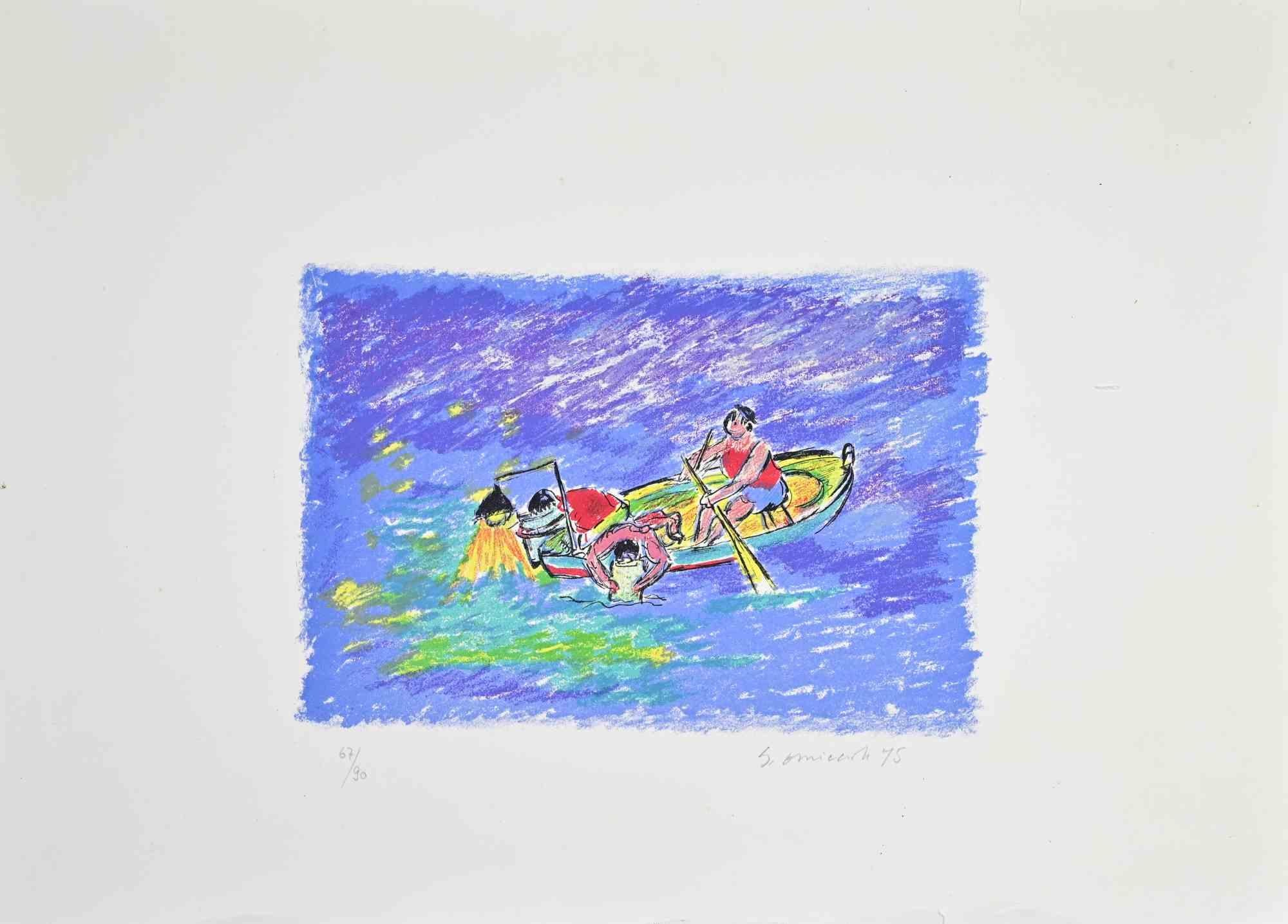 En medio del mar - Litografía de Giovanni Omiccioli - Años 70