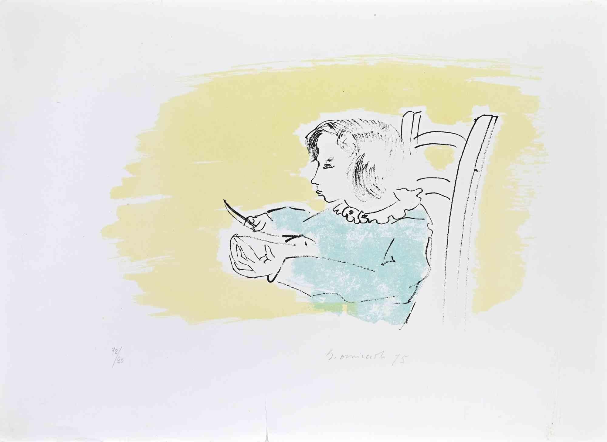 Etching realized by  Giovanni Omiccioli  in 1975.

Hand-signed, dated, numbered, edition 72/90 prints in the lower left in pencil.

The state of preservation is excellent.

The artwork represents a seated girl while reading an opened letter, through