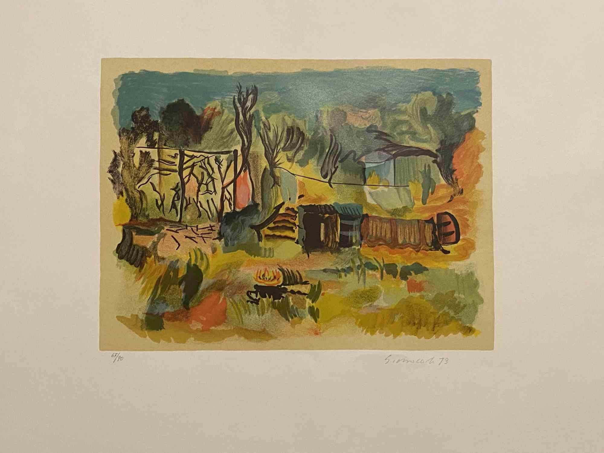 Roman Suburbs is an original artwork realized in 1973 by Giovanni Omiccioli (February 25, 1901 – March 1, 1975).

Original Colored Lithograph on cardboard.

Hand-signed and dated on the lower right corner in pencil by the artist: Omiccioli 1973.