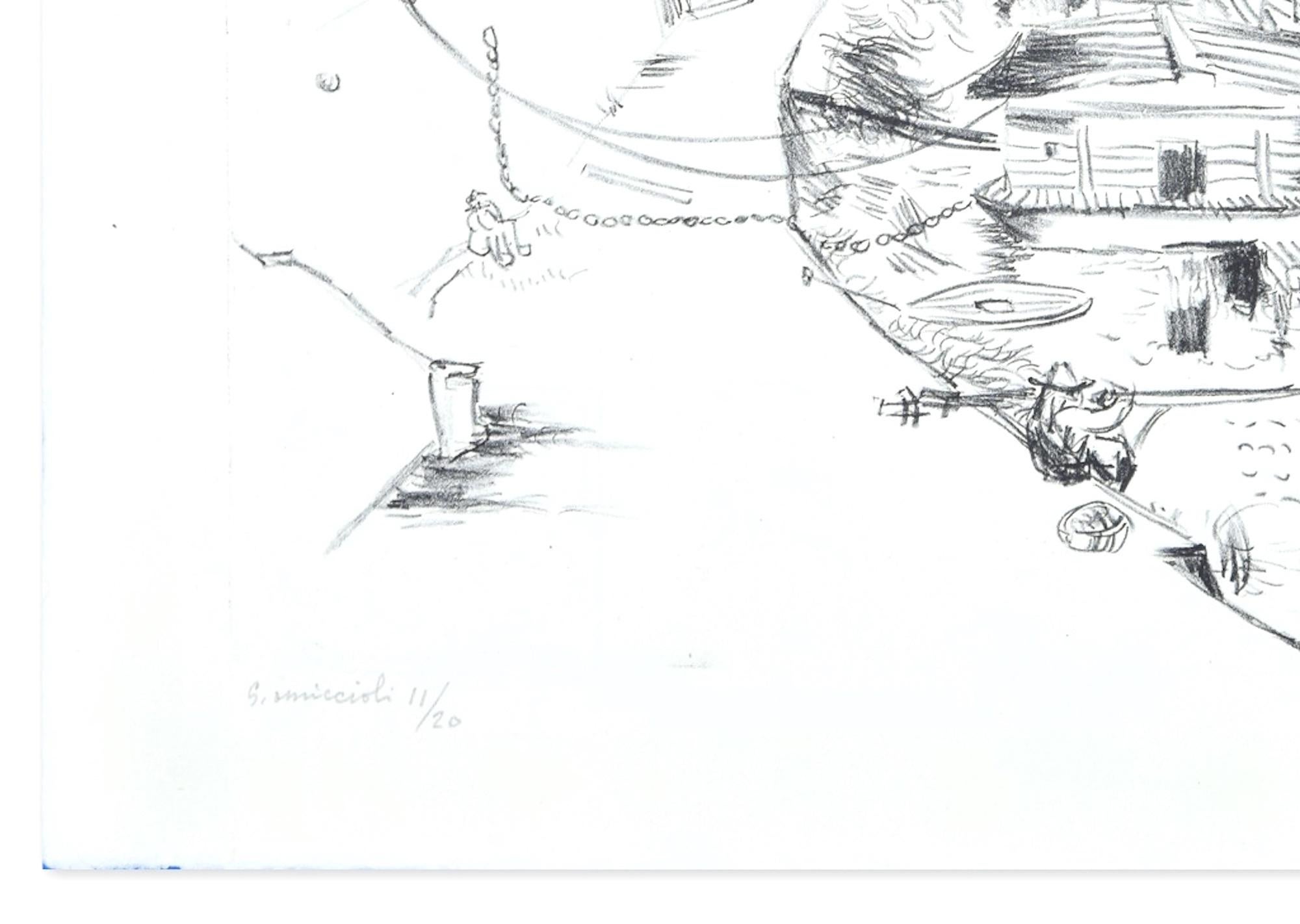 Barcos en el río Tíber - Italia - Litografía original de G. Omiccioli - 1950 ca - Print de Giovanni Omiccioli