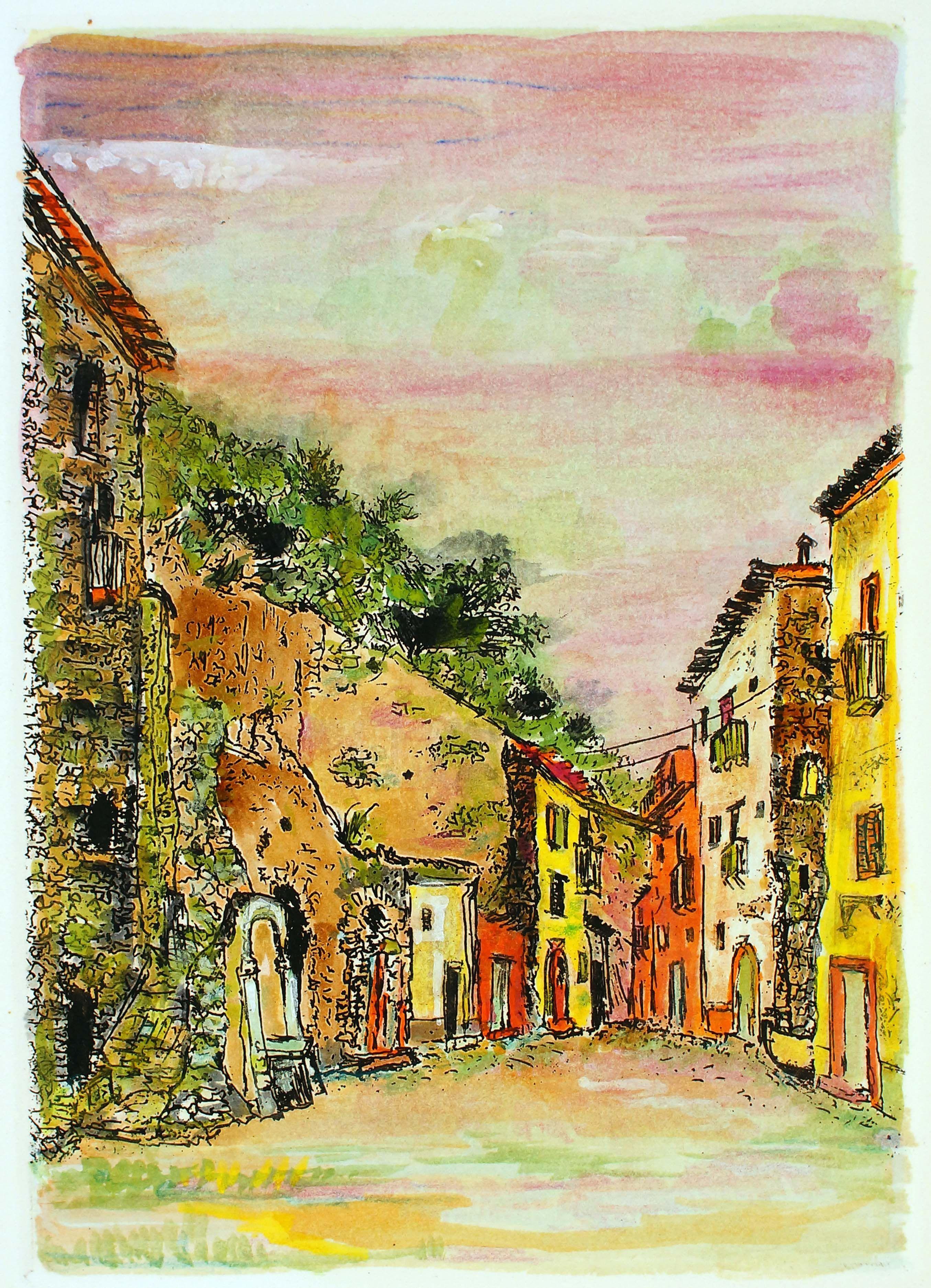 Giovanni Omiccioli Figurative Print – Sunset in the Alleys - Original-Radierung und Aquarell von G. Omiccioli