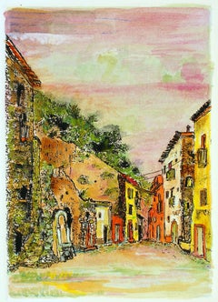 Atardecer en los callejones - Grabado original y acuarela de G. Omiccioli