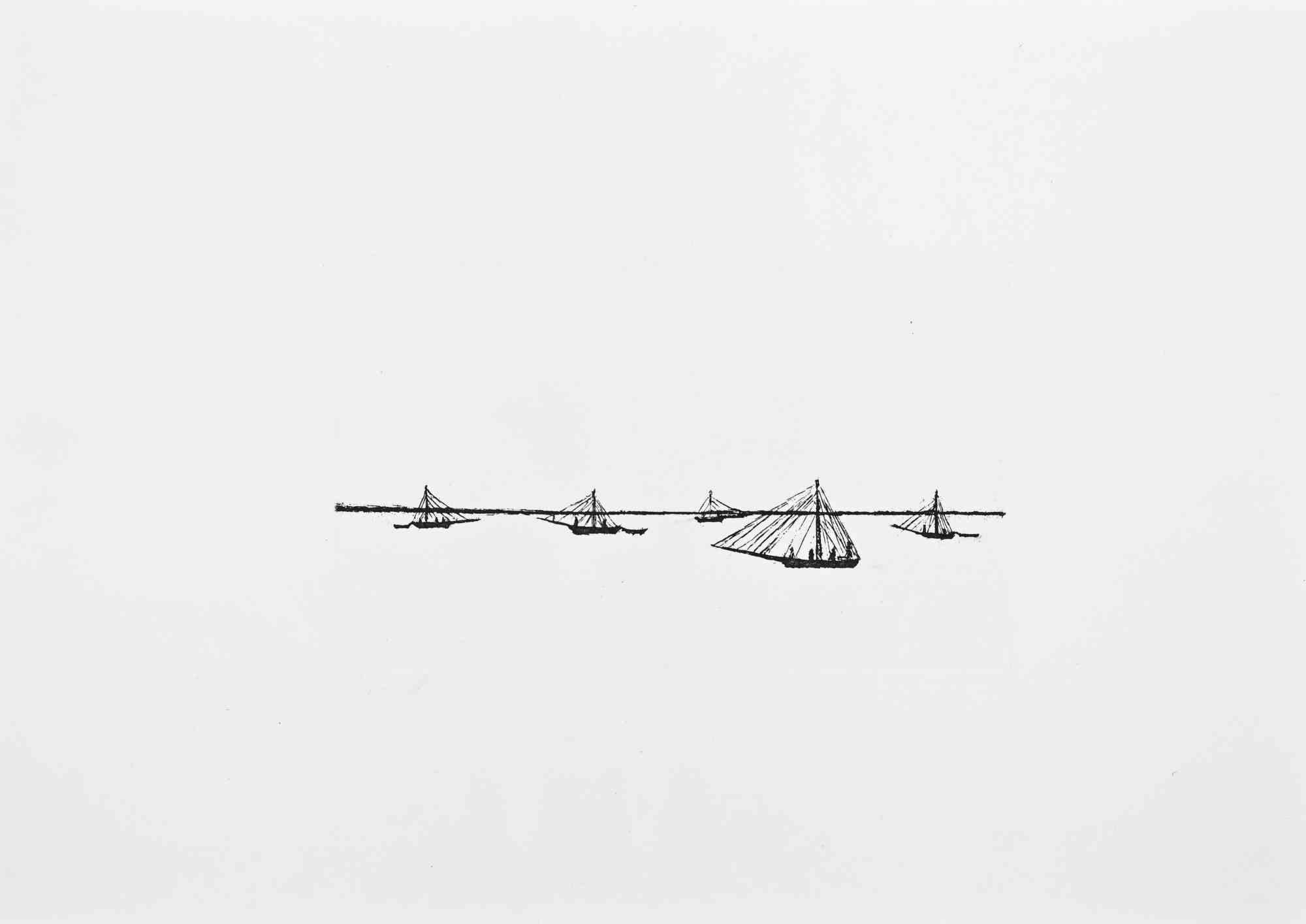 The  Boats - Etching by Giovanni Omiccioli - 1970s