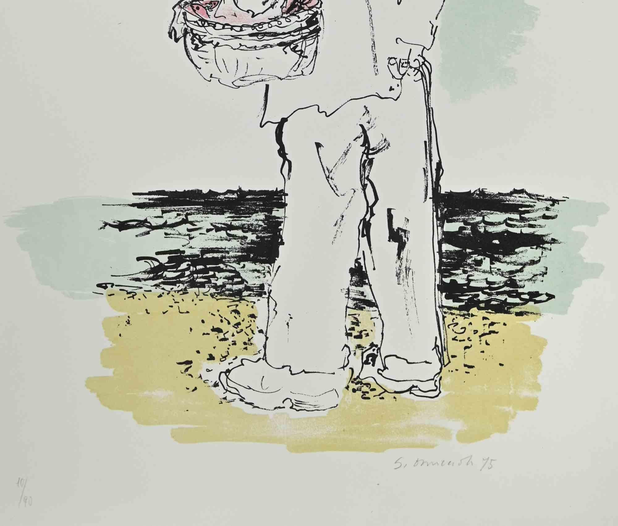 Il pescatore - Litografia di Giovanni Omiccioli - Anni '70 in vendita 1