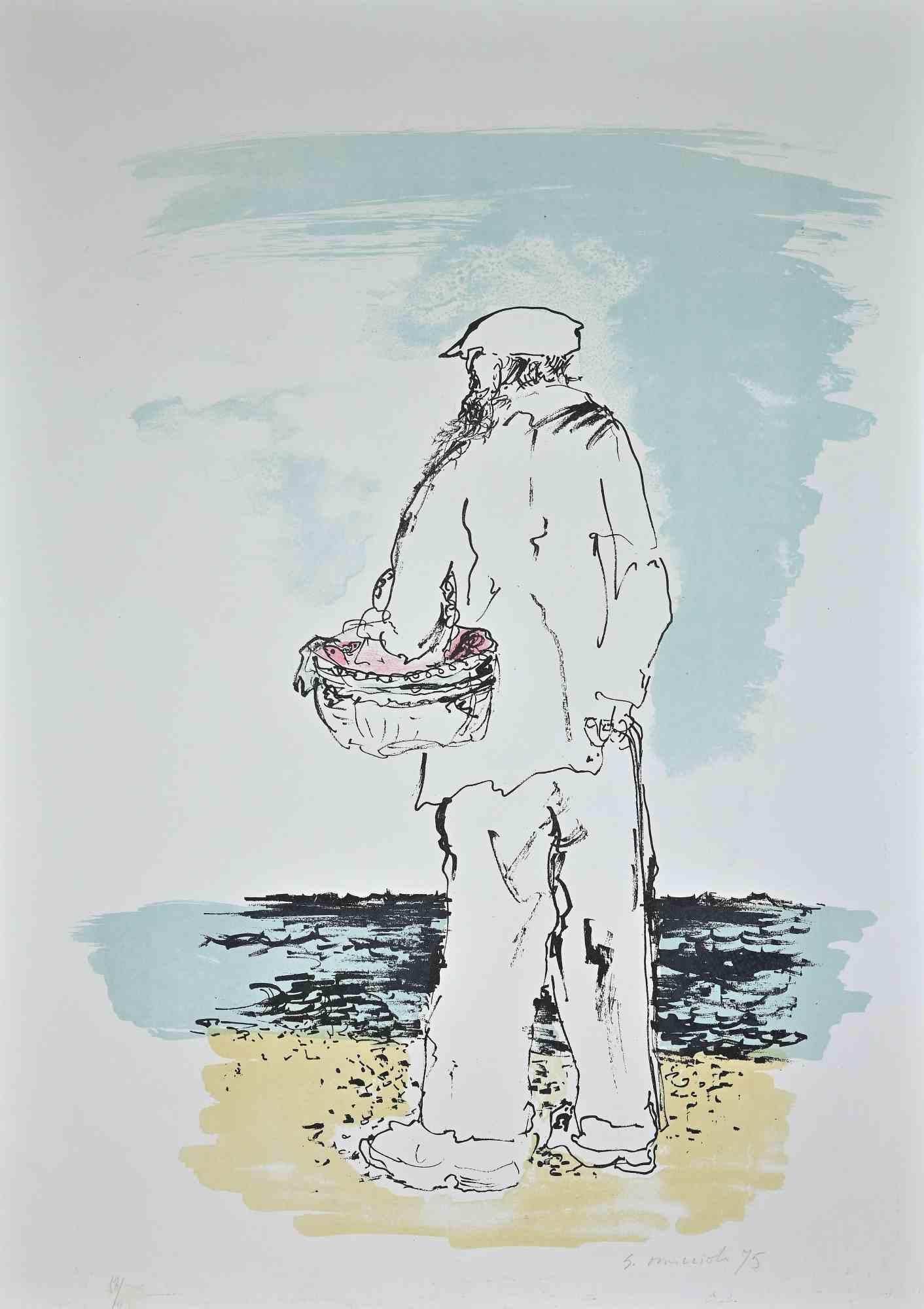 The fisherman is an original artwork realized in 1975 by Giovanni Omiccioli (February 25, 1901 – March 1, 1975).

Original Colored Lithograph o paper.

Hand-signed and dated on the lower right corner in pencil by the artist: Omiccioli 1975.