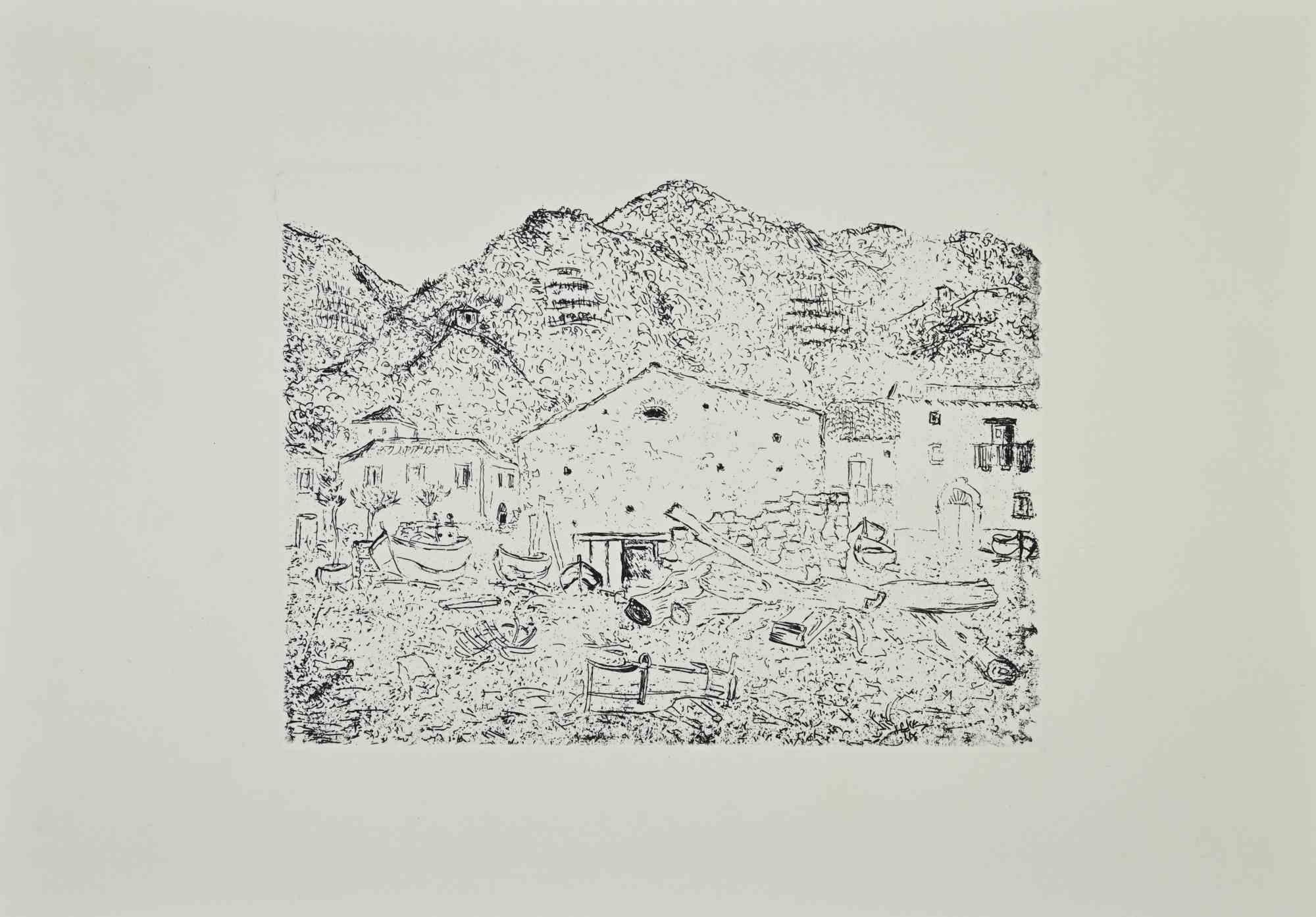 The Fisherman's Village - Etching by Giovanni Omiccioli - 1970s