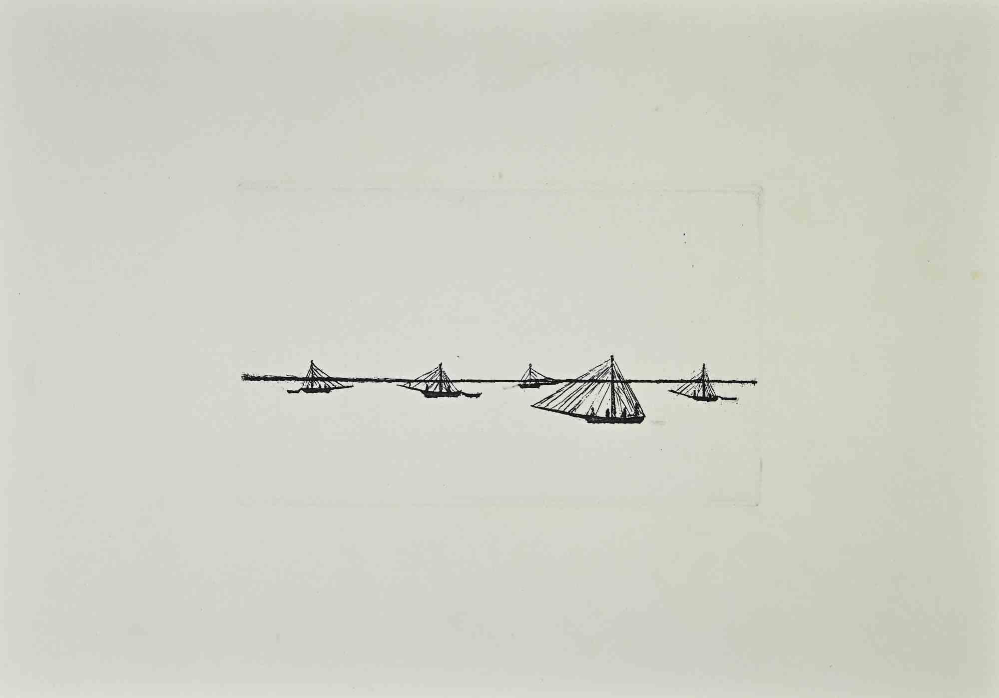 The pretty boats is an artwork realized  by Giovanni Omiccioli (February 25, 1901 – March 1, 1975).

Etching on cardboard.

The artist wants to define a well-balanced composition, through soft and delicate sign.

Good conditions.

Giovanni