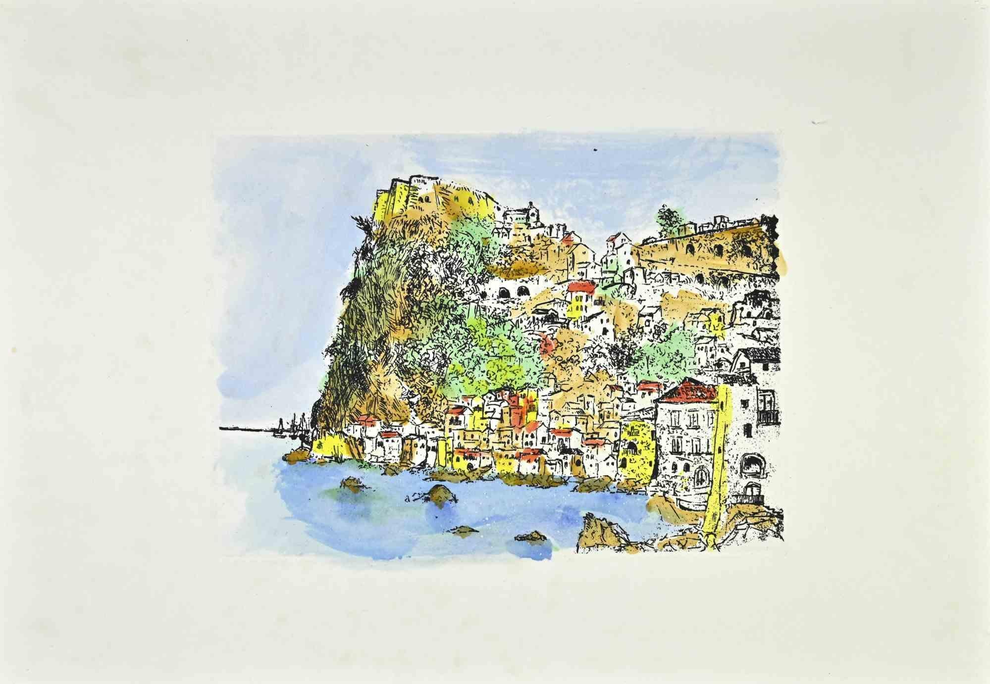 The rocky coastline is an artwork realized  by Giovanni Omiccioli (February 25, 1901 – March 1, 1975).

Original Colored etching on cardboard.

The artist wants to define a well-balanced composition, through soft and delicate sign.

Good