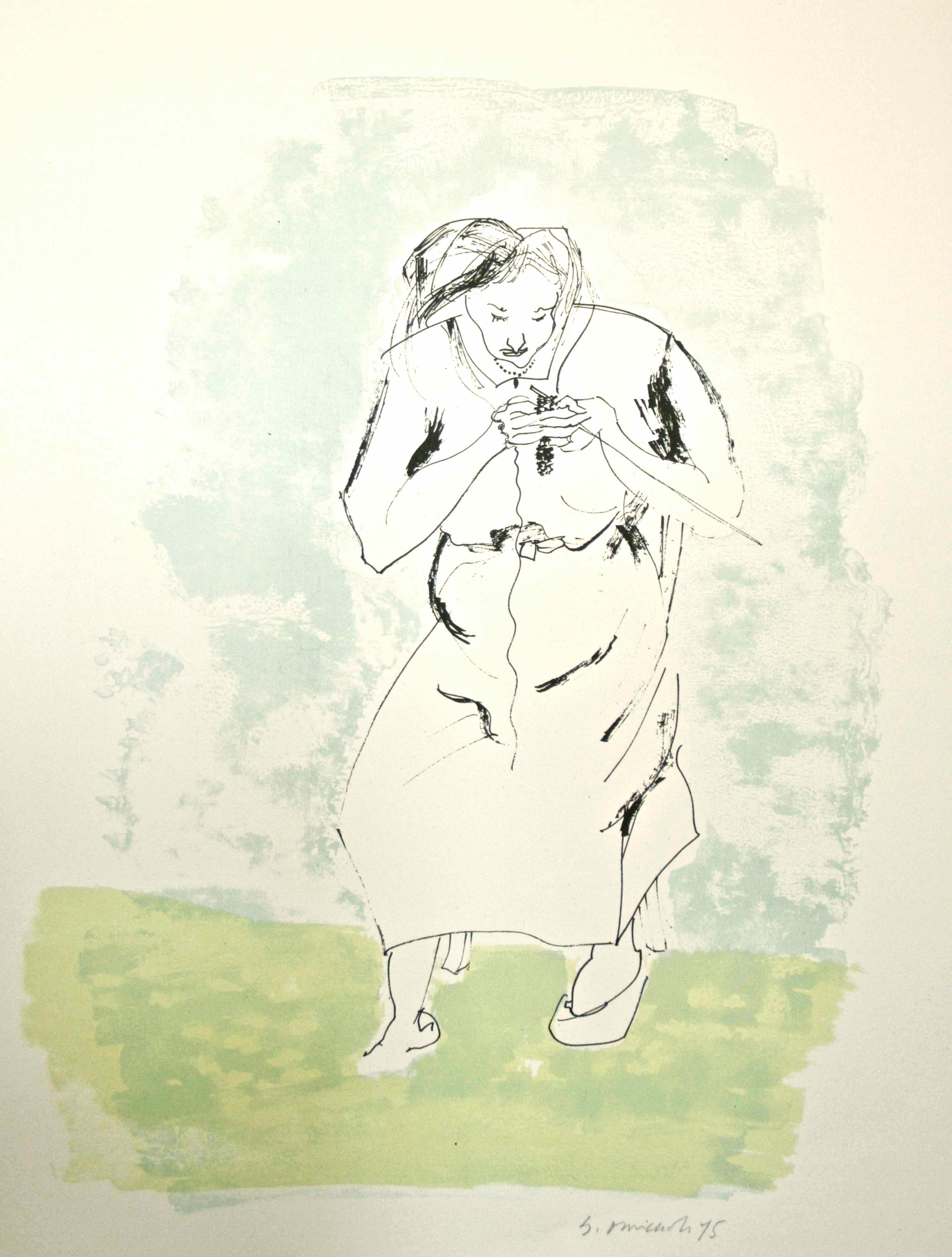 Figurative Print di Giovanni Omiccioli - Donna che cuce - Italia - Litografia di G. Omiccioli - 1975
