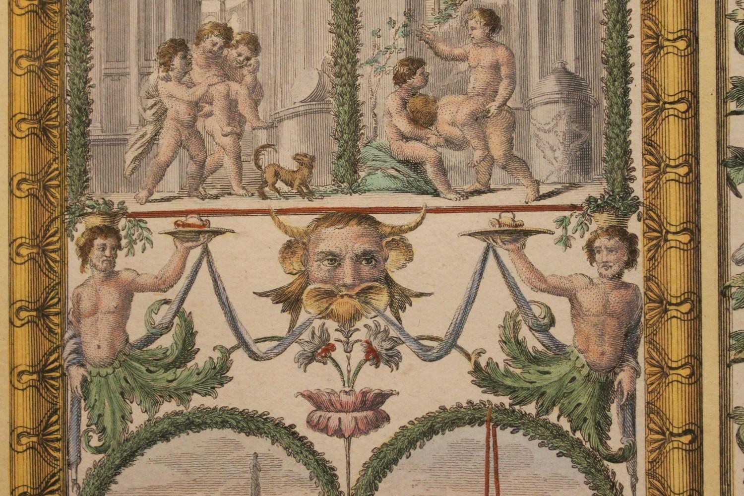 Italian 18th Century Hand-Colored Engraving on Paper of Raphael Vatican Loggias - Brown Interior Print by Giovanni Ottaviani