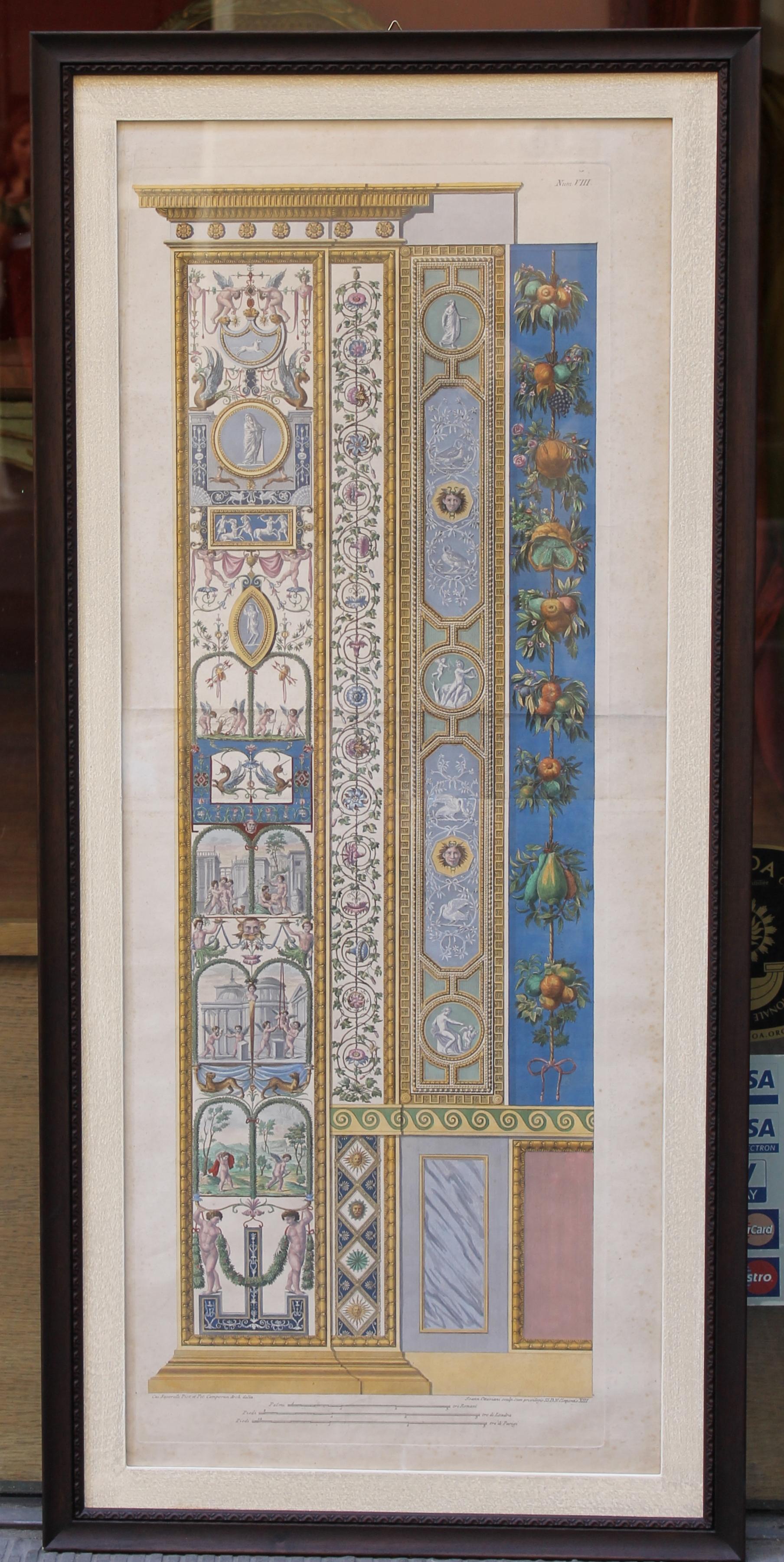 Giovanni Ottaviani Interior Print - Italian 18th Century Hand-Colored Engraving on Paper of Raphael Vatican Loggias