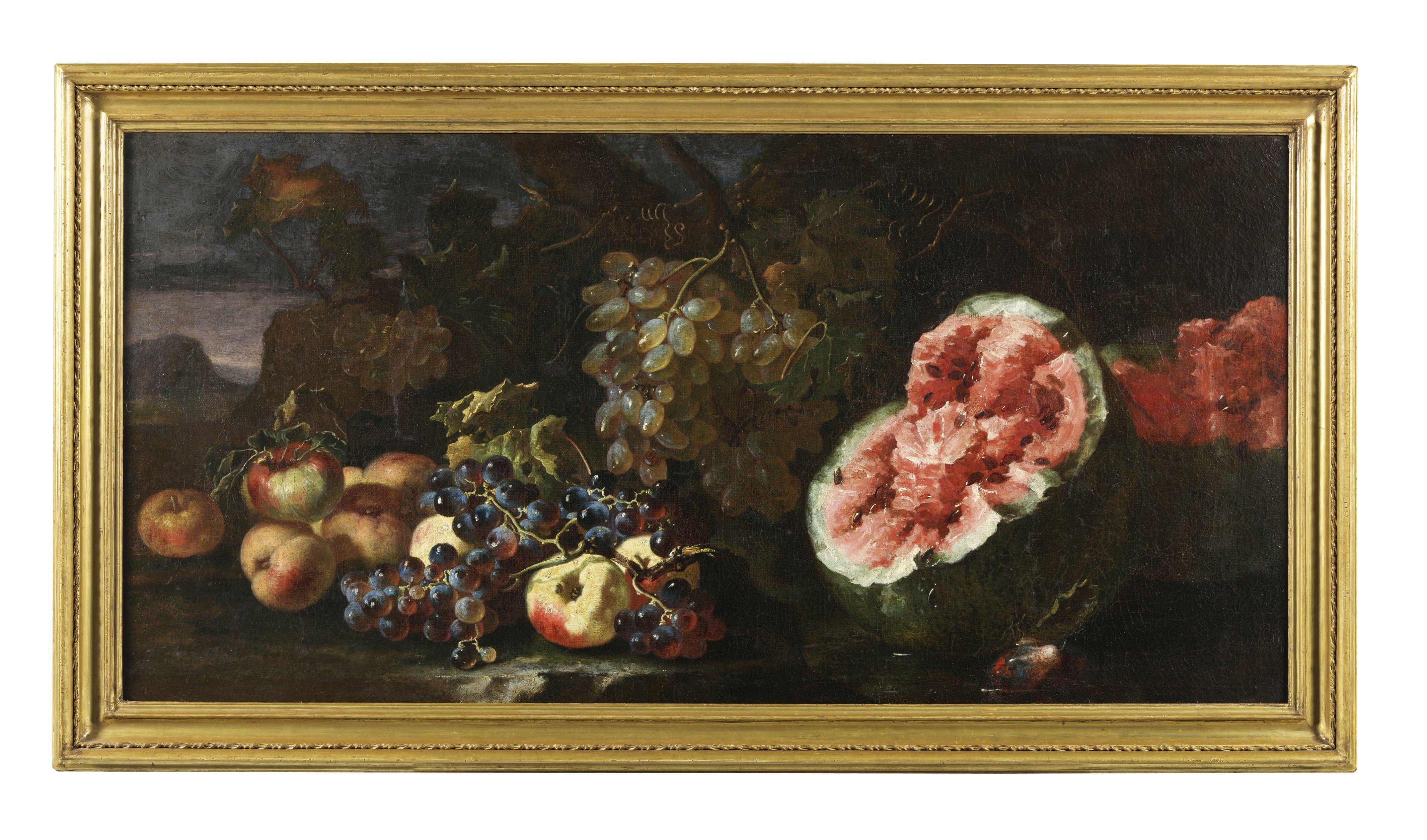 17 Jahrhundert Stillleben Paolo Castelli Stillleben Obst Öl auf Leinwand Rot Grün – Painting von Giovanni Paolo Castelli detto Spadino