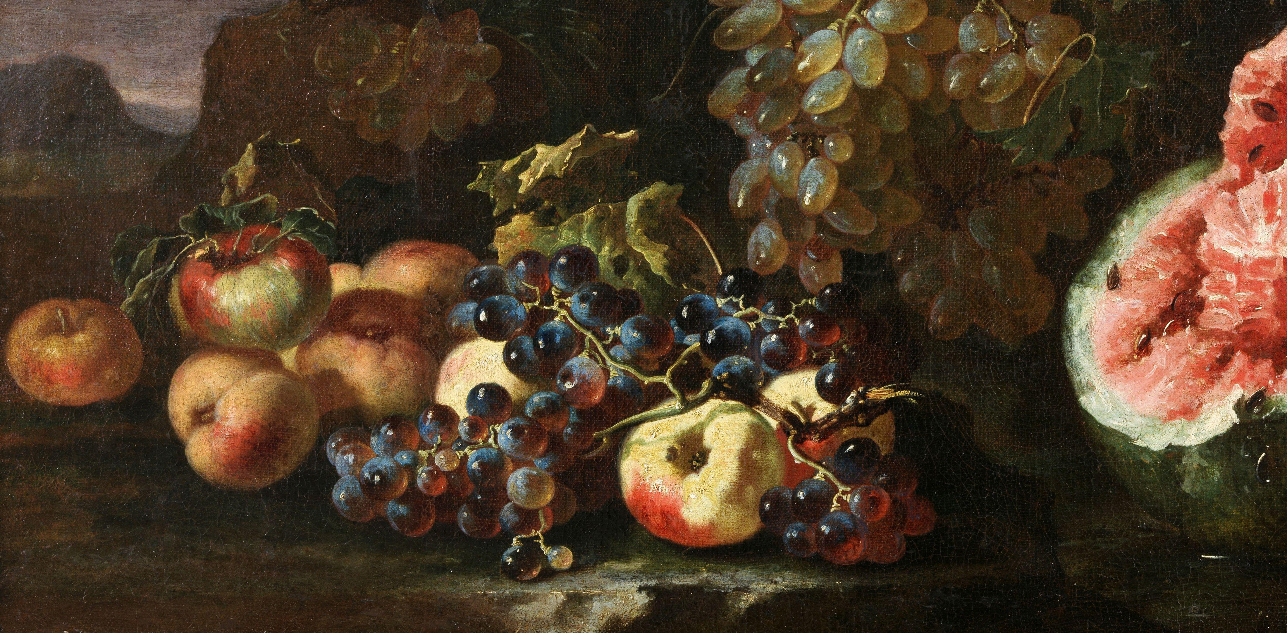 17 Jahrhundert Stillleben Paolo Castelli Stillleben Obst Öl auf Leinwand Rot Grün (Italienische Schule), Painting, von Giovanni Paolo Castelli detto Spadino