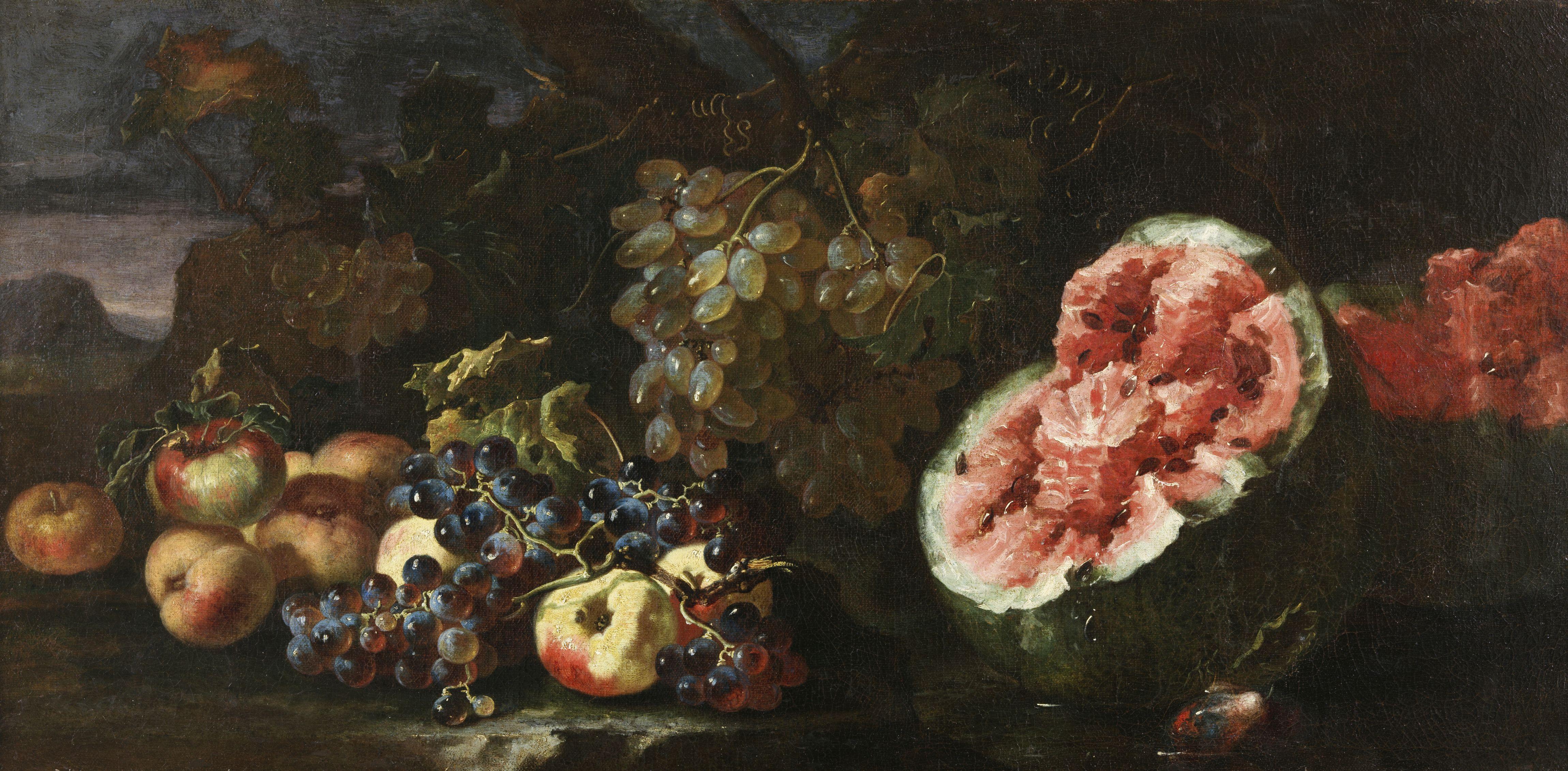 17 Jahrhundert Stillleben Paolo Castelli Stillleben Obst Öl auf Leinwand Rot Grün (Black), Still-Life Painting, von Giovanni Paolo Castelli detto Spadino