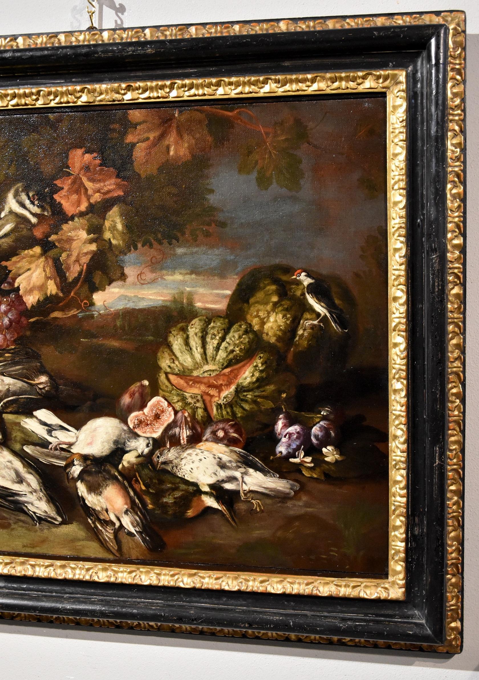 Stilleben in einer Landschaft mit Obst und Wild
Werk des späten römischen Barocks des späten siebzehnten / frühen achtzehnten Jahrhunderts
giovanni Paolo Castelli, bekannt als Spadino (Rom, 1659 - 1730), zugeschrieben

öl auf Leinwand
62 x 76 cm,