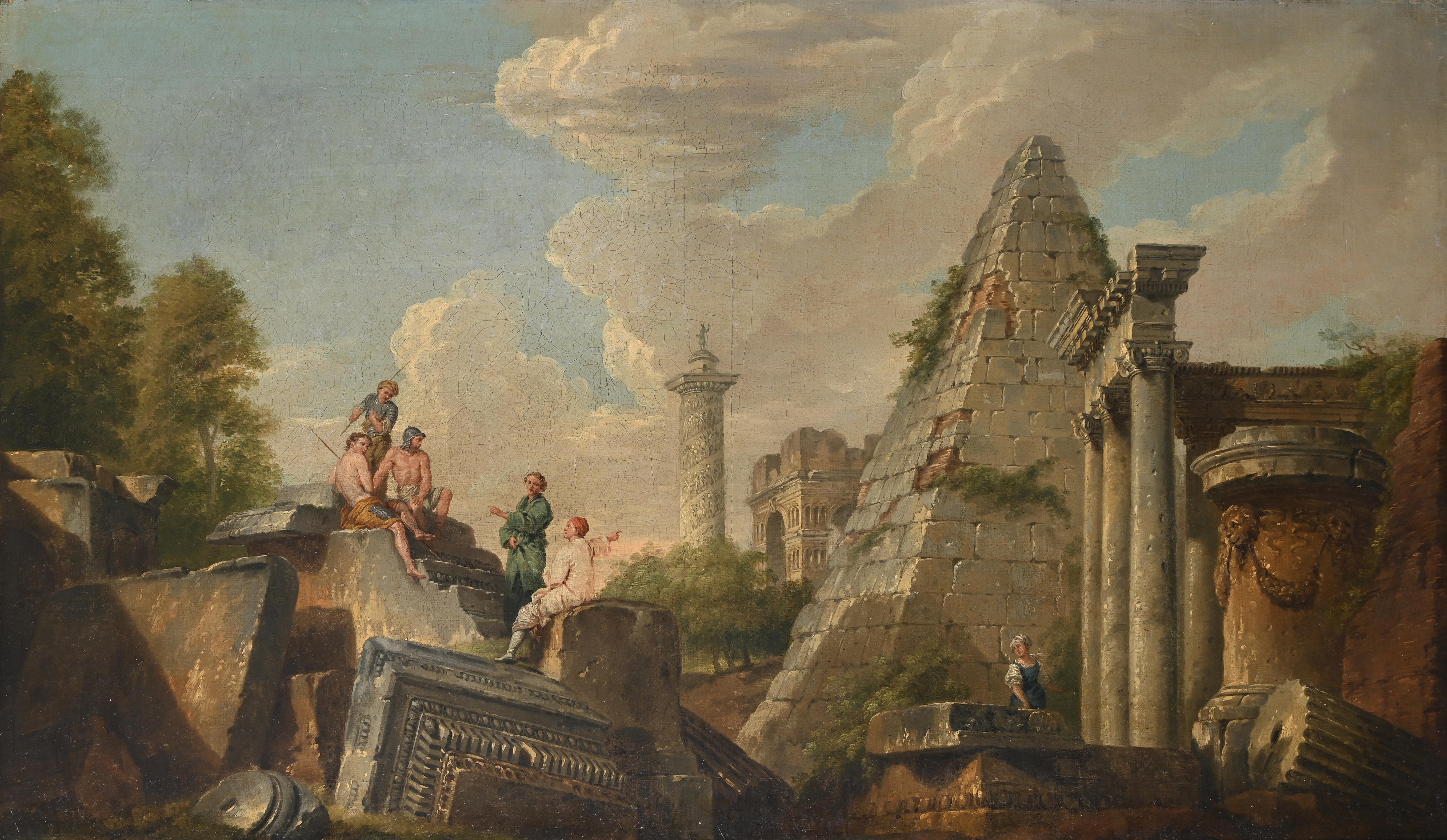 A pair of 18th century Italian landscapes with classical ruins and figures - Painting by Giovanni Paolo Panini