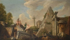 Un par de paisajes italianos del siglo XVIII con ruinas y figuras clásicas