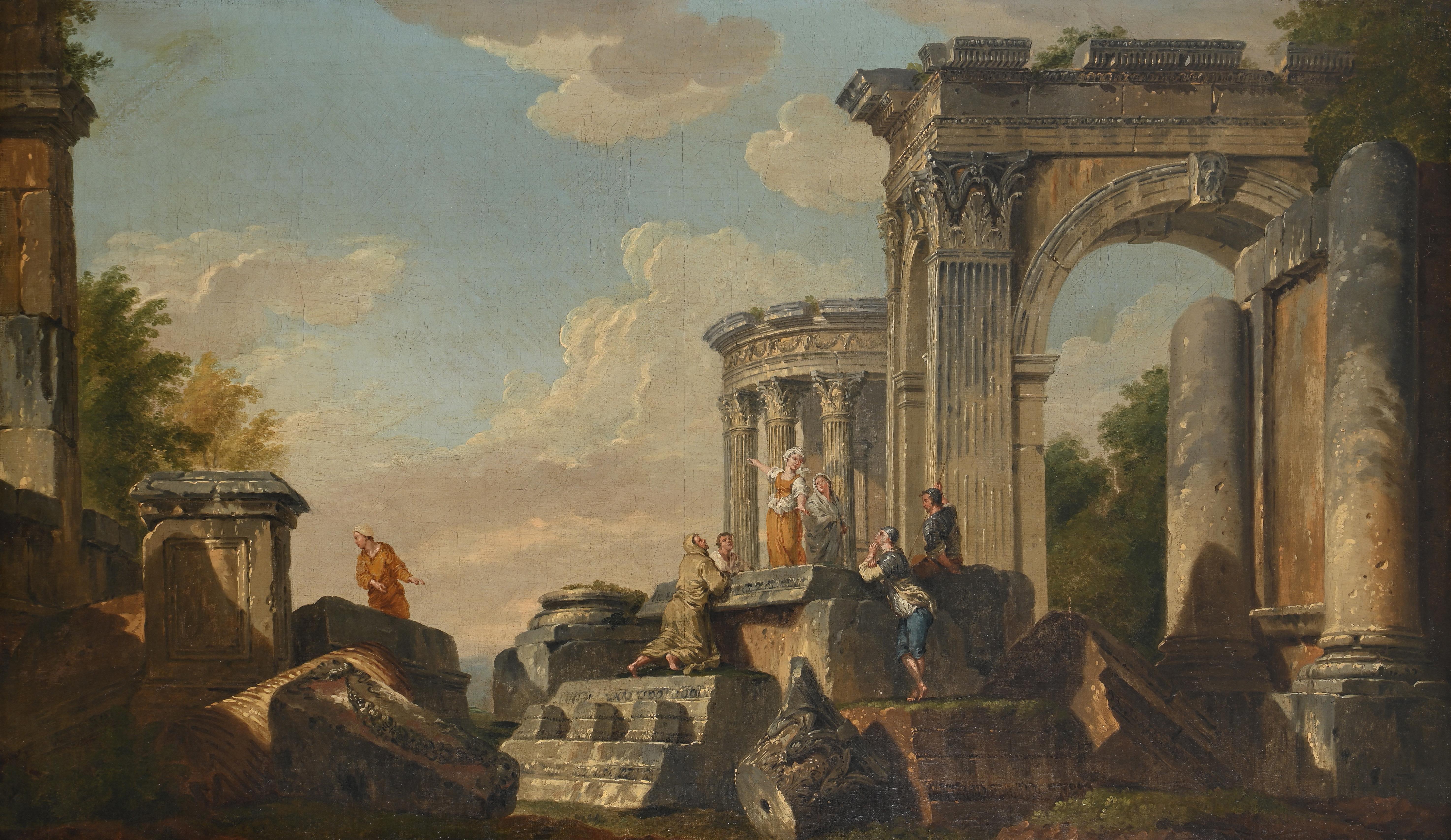 Paar italienische Landschaften des 18. Jahrhunderts mit klassischen Ruinen und Figuren (Alte Meister), Painting, von Giovanni Paolo Panini