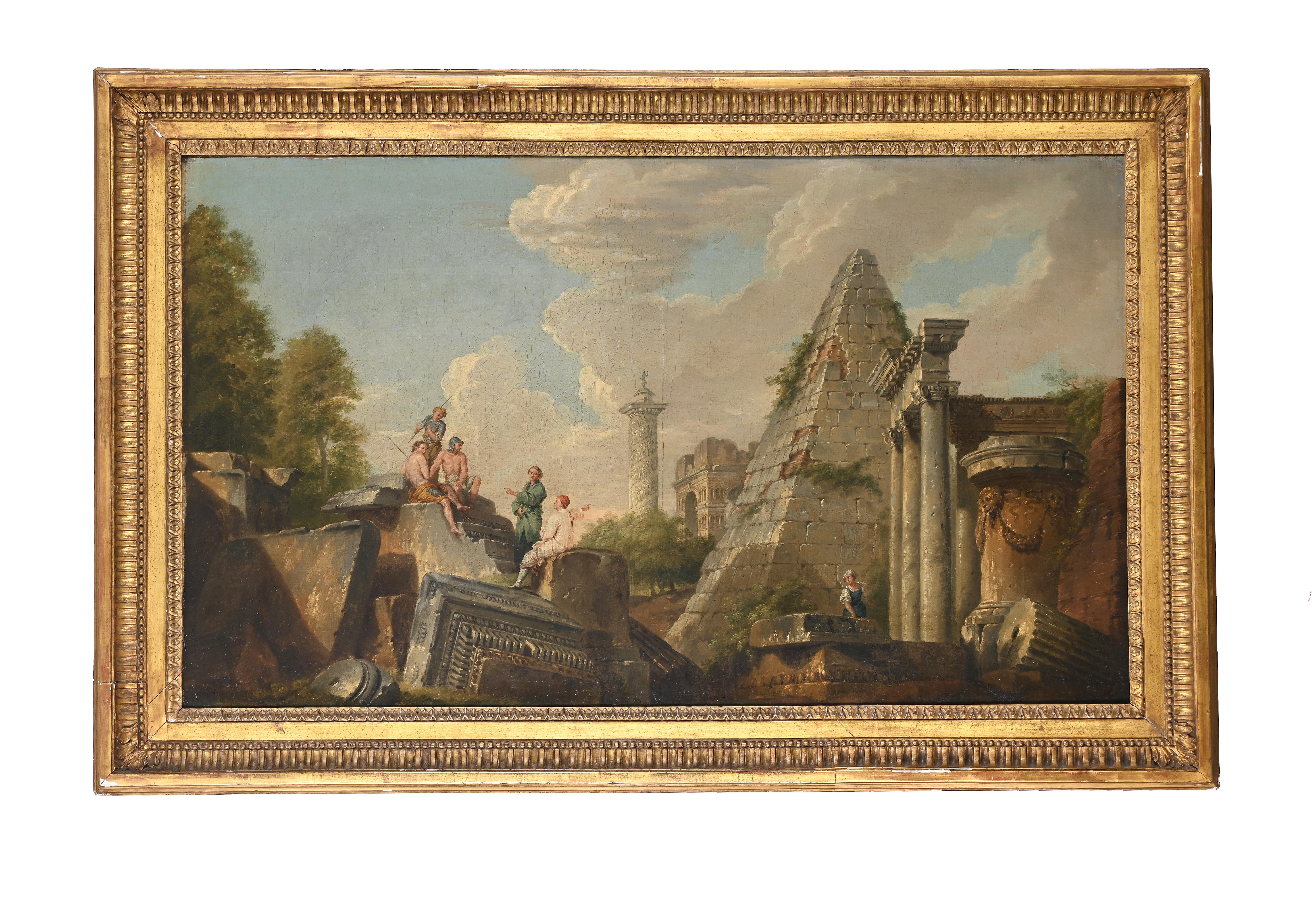 A pair of 18th century Italian landscapes with classical ruins and figures, circa 1750.
Circle of Giovanni Panini (1691-1765)
Thomas Agnew and Sons, London, labels on the reverse

Each oil on canvas, 60 x 103cm (23 x 40in), in period giltwood