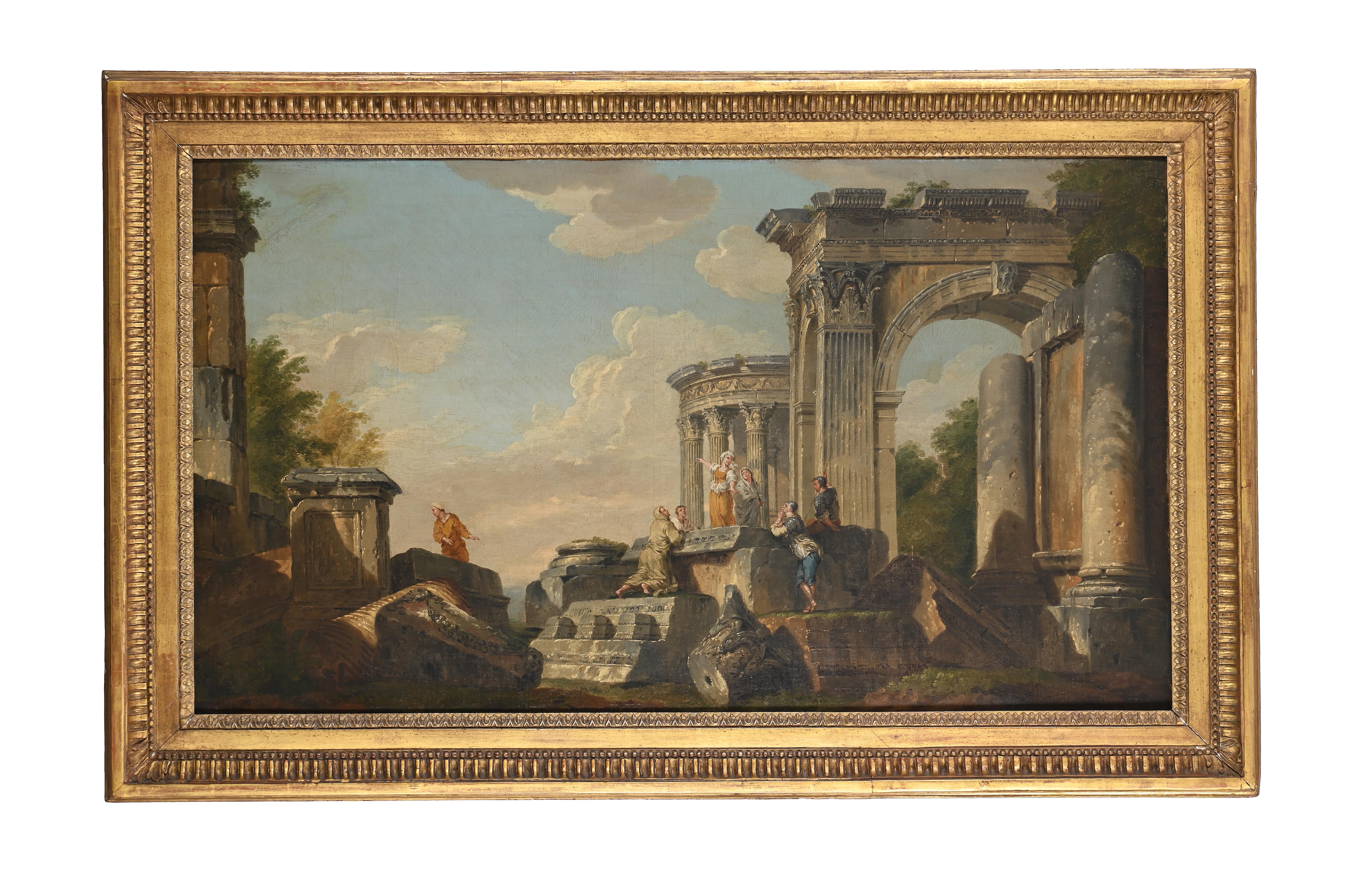 A pair of 18th century Italian landscapes with classical ruins and figures For Sale 1