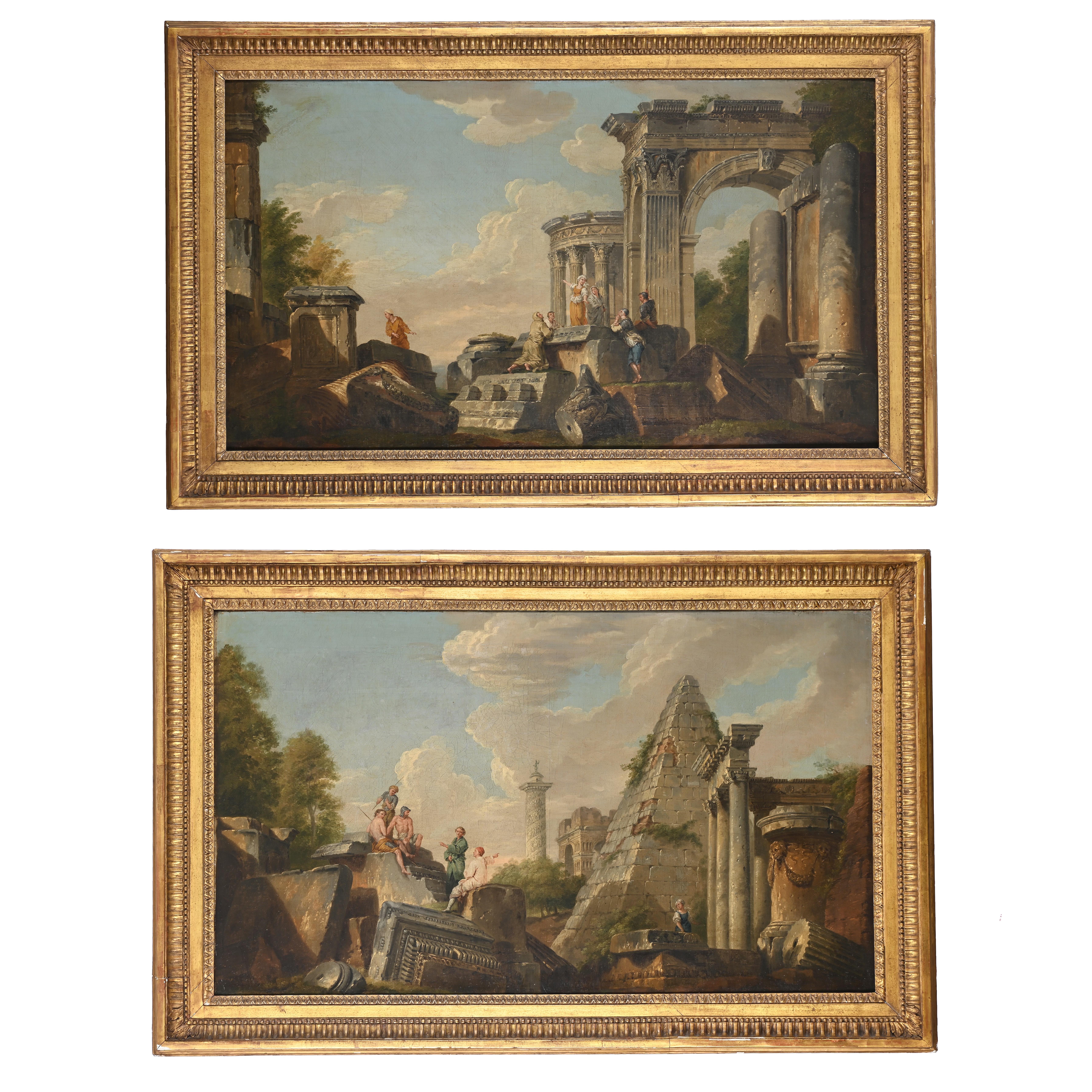 Giovanni Paolo Panini Landscape Painting – Paar italienische Landschaften des 18. Jahrhunderts mit klassischen Ruinen und Figuren