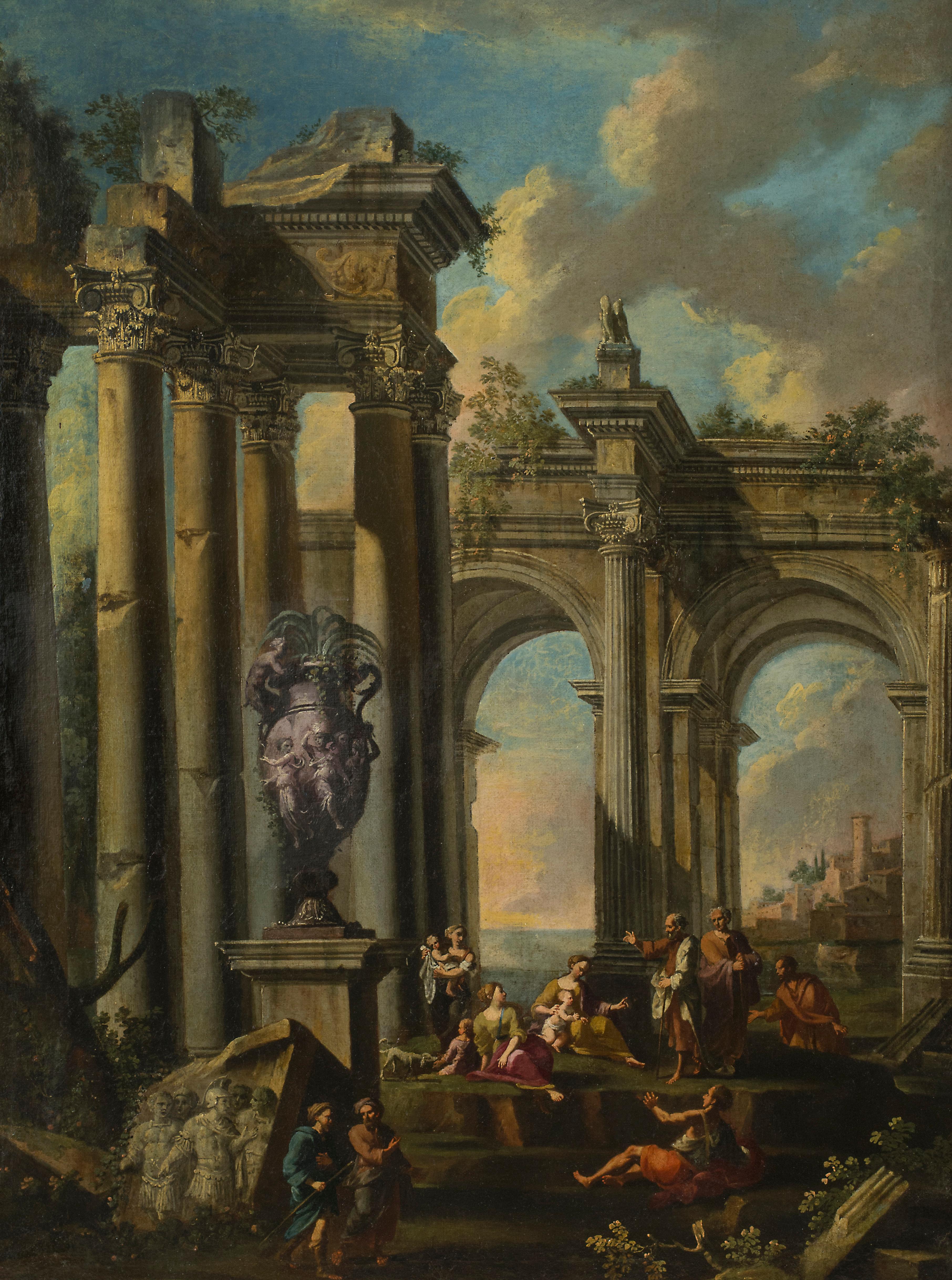 An Architectural Capriccio with the Preaching of an Apostle - Painting by Giovanni Paolo Panini