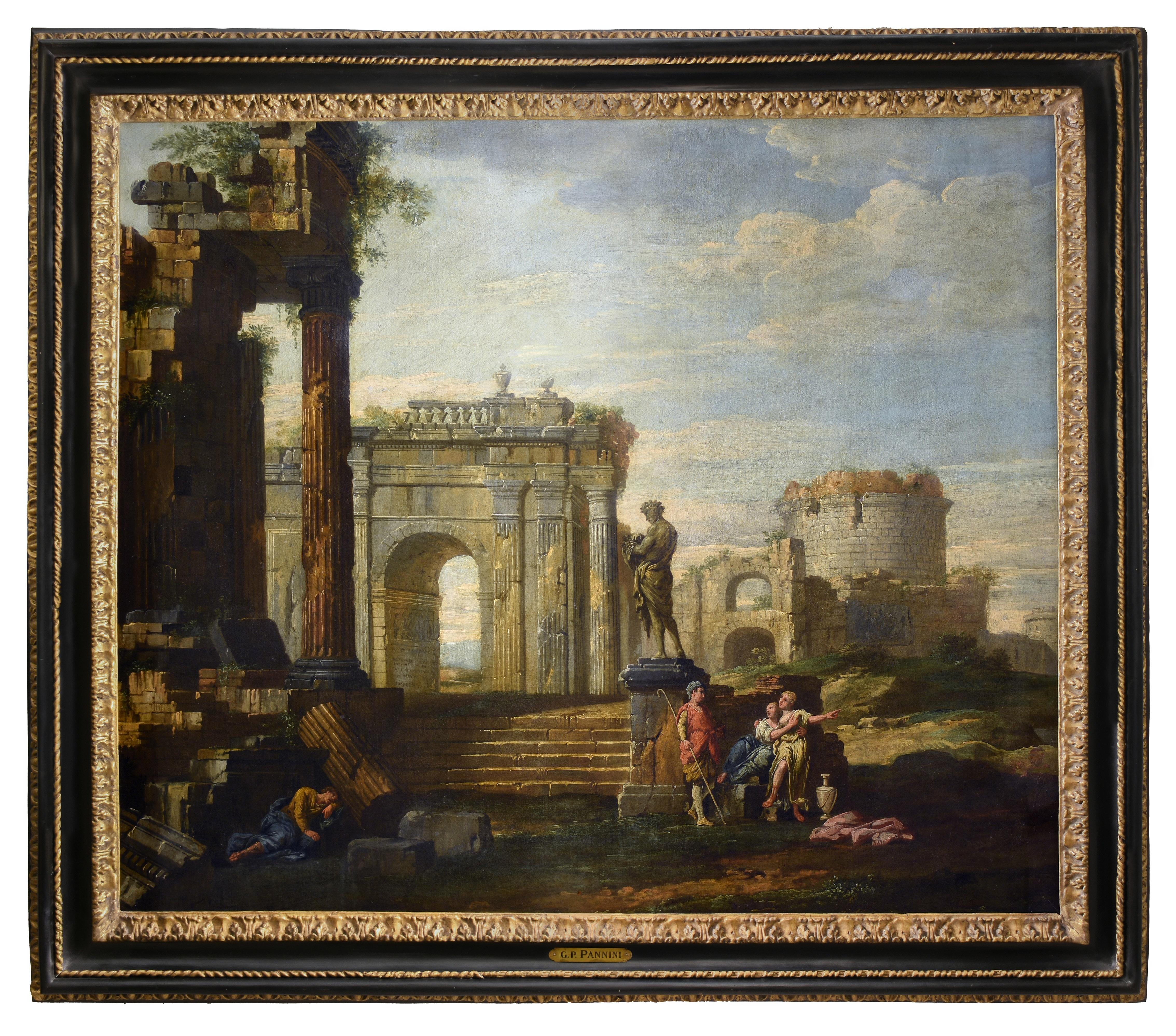 Giovanni Paolo Panini Landscape Painting - Italian Capriccio with Classical Ruins and Figures, 18th Century