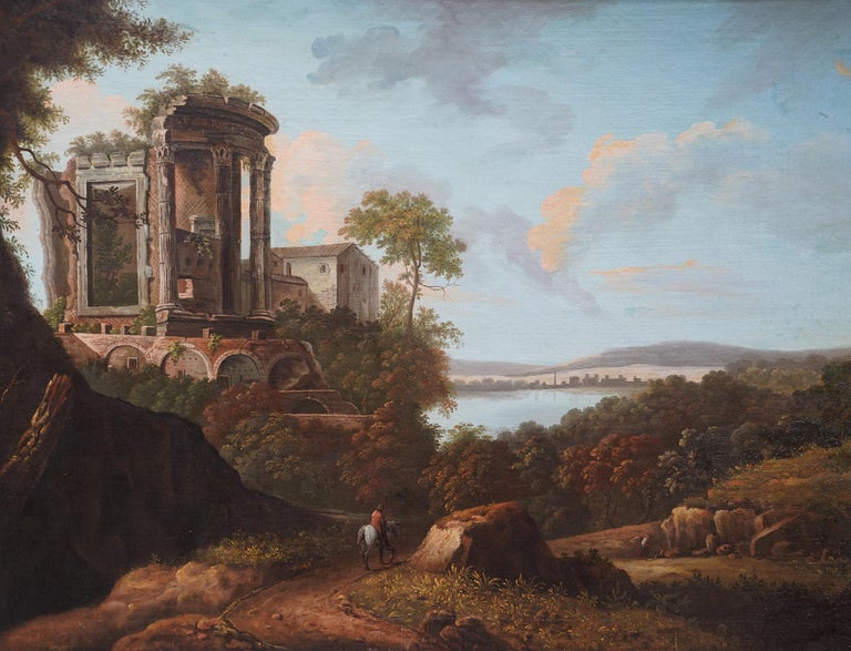 Italian Landscape with Temple of Sibyl, Tivoli - Italian Old Master oil painting - Painting by Giovanni Paolo Panini