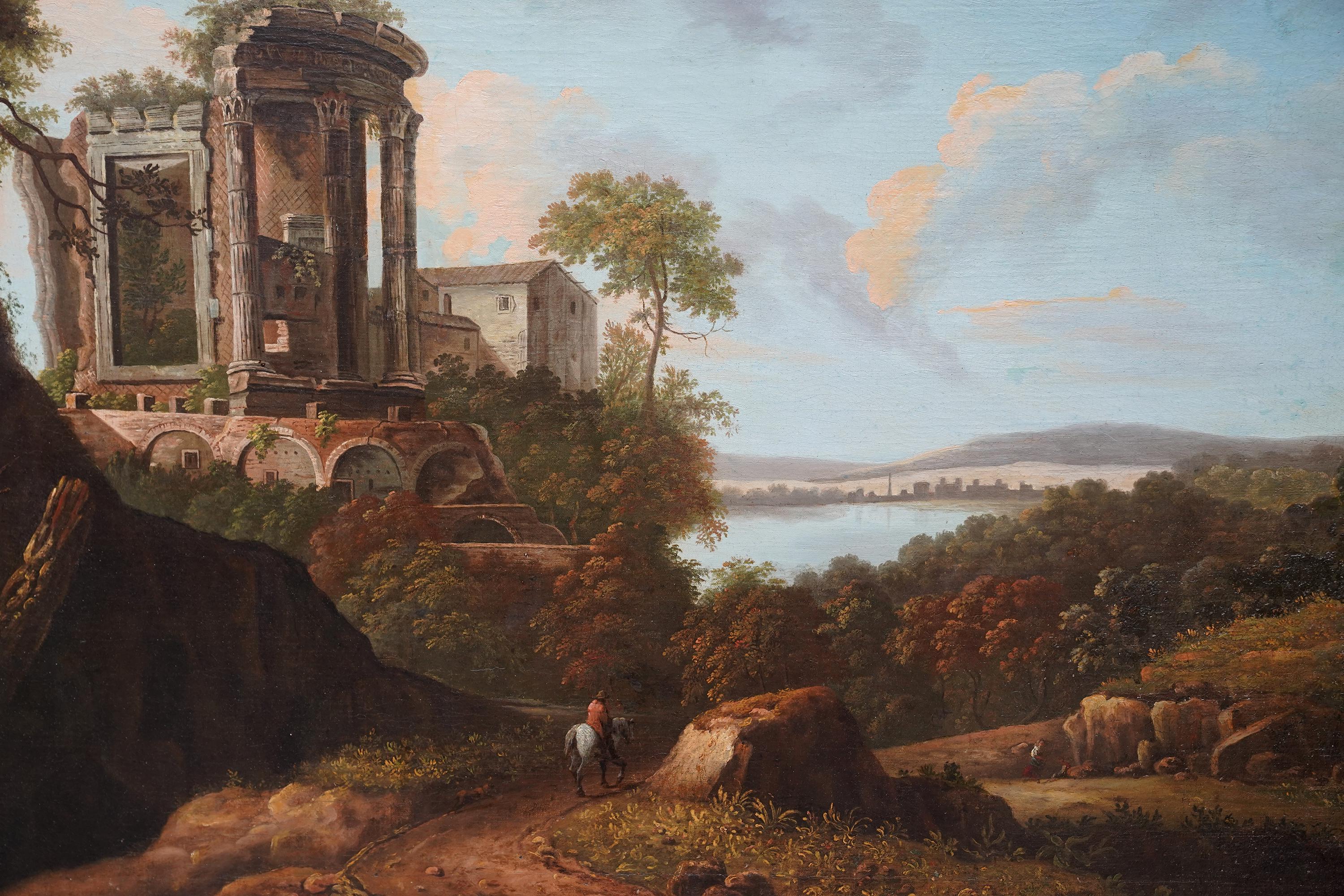 This stunning Italian Capriccio Old Master landscape oil painting is attributed to circle of Giovanni Paolo Panini. Painted circa 1740 it is a fantastic view of the Temple of Sibyl, an ancient Roman structure on the highest point of the acropolis of