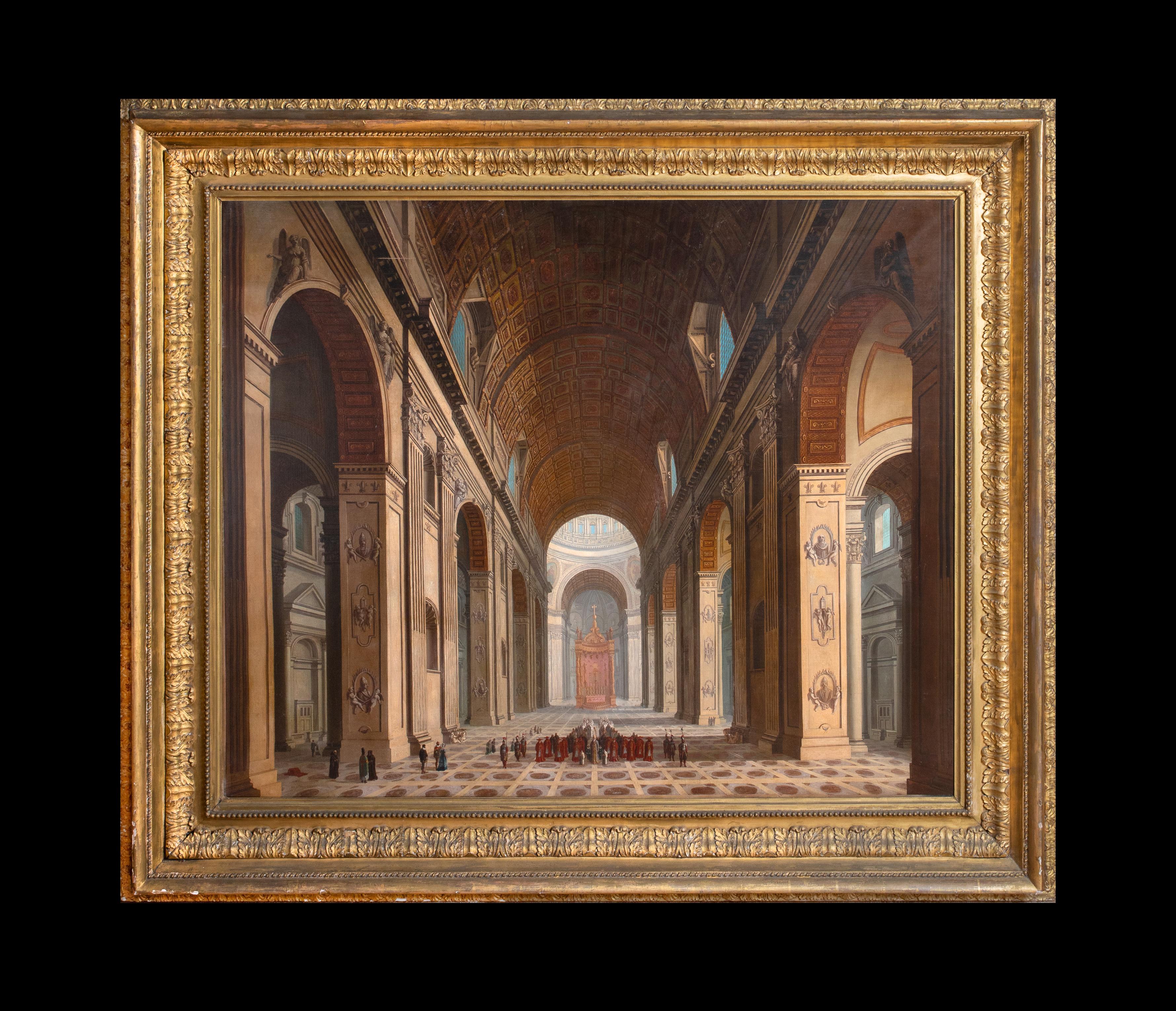 St Peters Basilica, Vatican City, Rome, 18th Century  Architectural Interior - Painting by Giovanni Paolo Panini